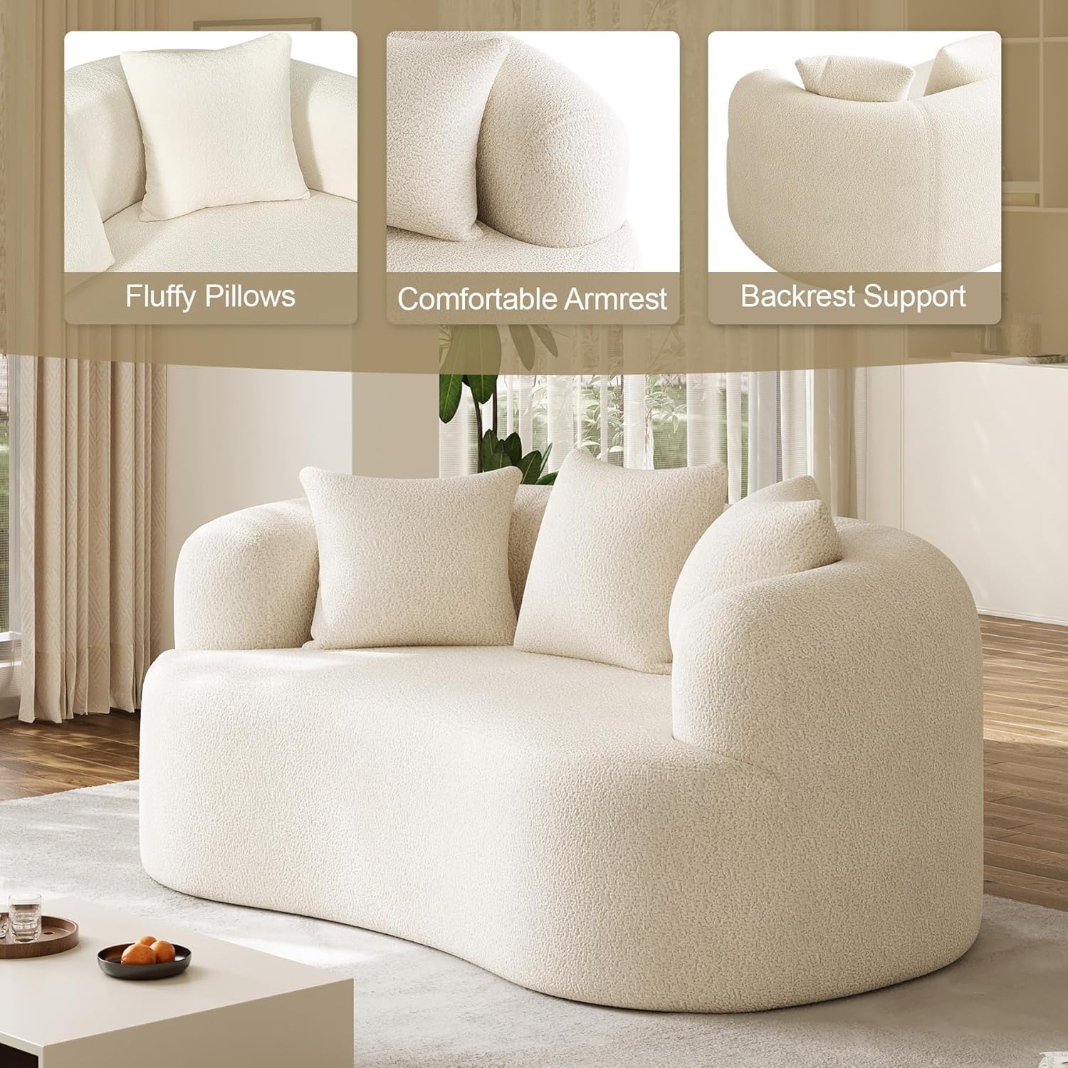 DAMAIFROM 68.5' Loveseat Sofa for Living Room, Modern Luxury Plush Chenille Extra Deep Seat Curved Cloud Floor Couch with 3 Throw Pillows for Small Spaces, No Assembly Needed, Cream White