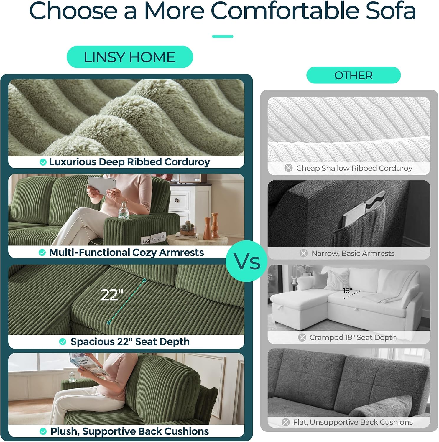 LINSY HOME Sectional Sleeper Sofa Only Corner (Green)
