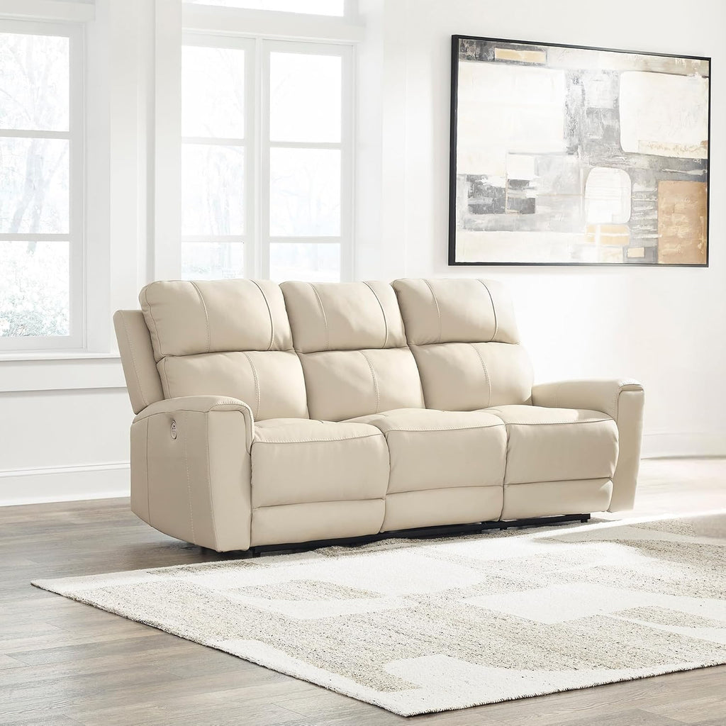 Signature Design by Ashley Dahlmoore Modern Leather Match Power Reclining Sofa with USB Ports, Beige