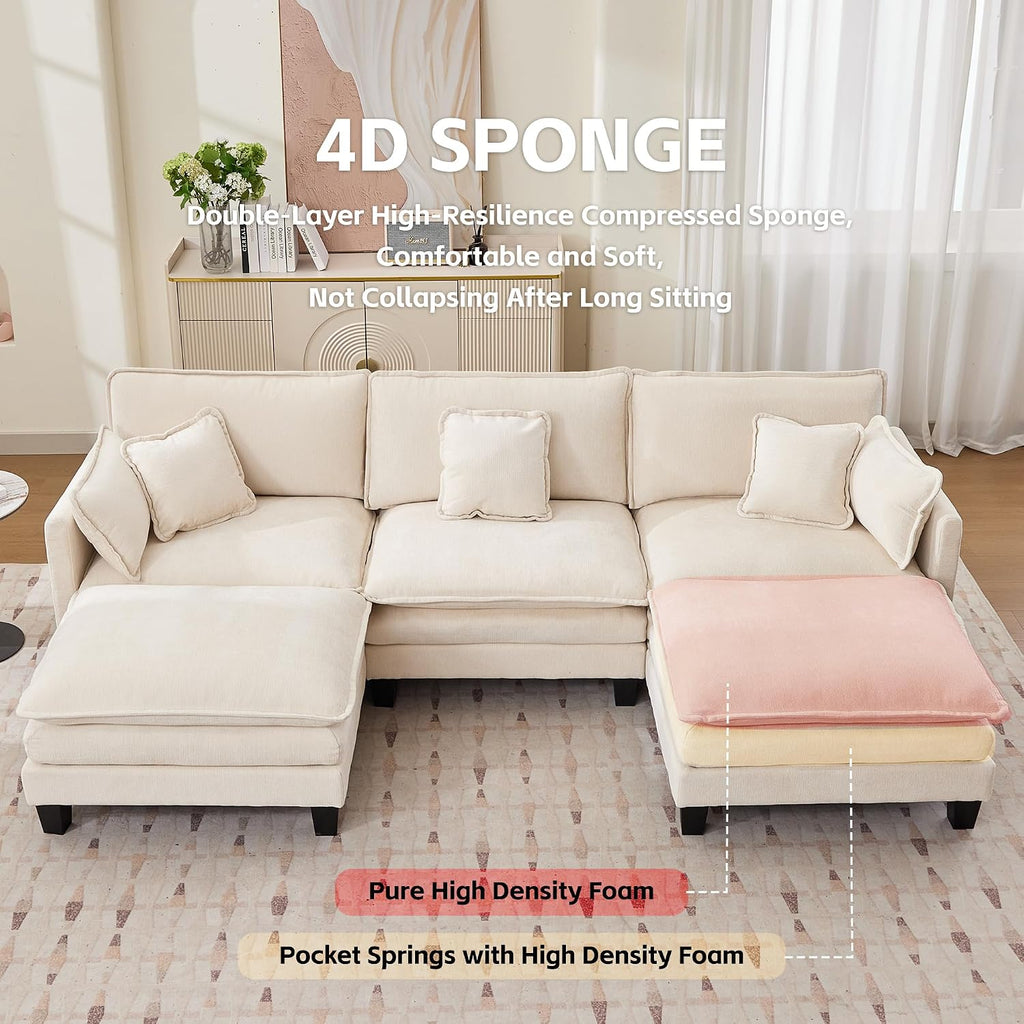 Opiesit Modular Sectional Sofa with Movable Ottoman, 110' 5-Seat Modern Couches for Living Room, Comfy U Shaped Couch Set with Deep Seat for Office and Apartment, Beige Chenille Fabric