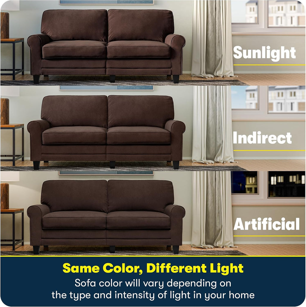 Serta Copenhagen 73' Rolled Arm Sofa, Easy Care Polyester, Soft Pillow Back, Pocket Coil Seat Cushions, Removable Covers, Loveseat or Couch for Small Spaces, Living Rooms or Bedrooms, Brown