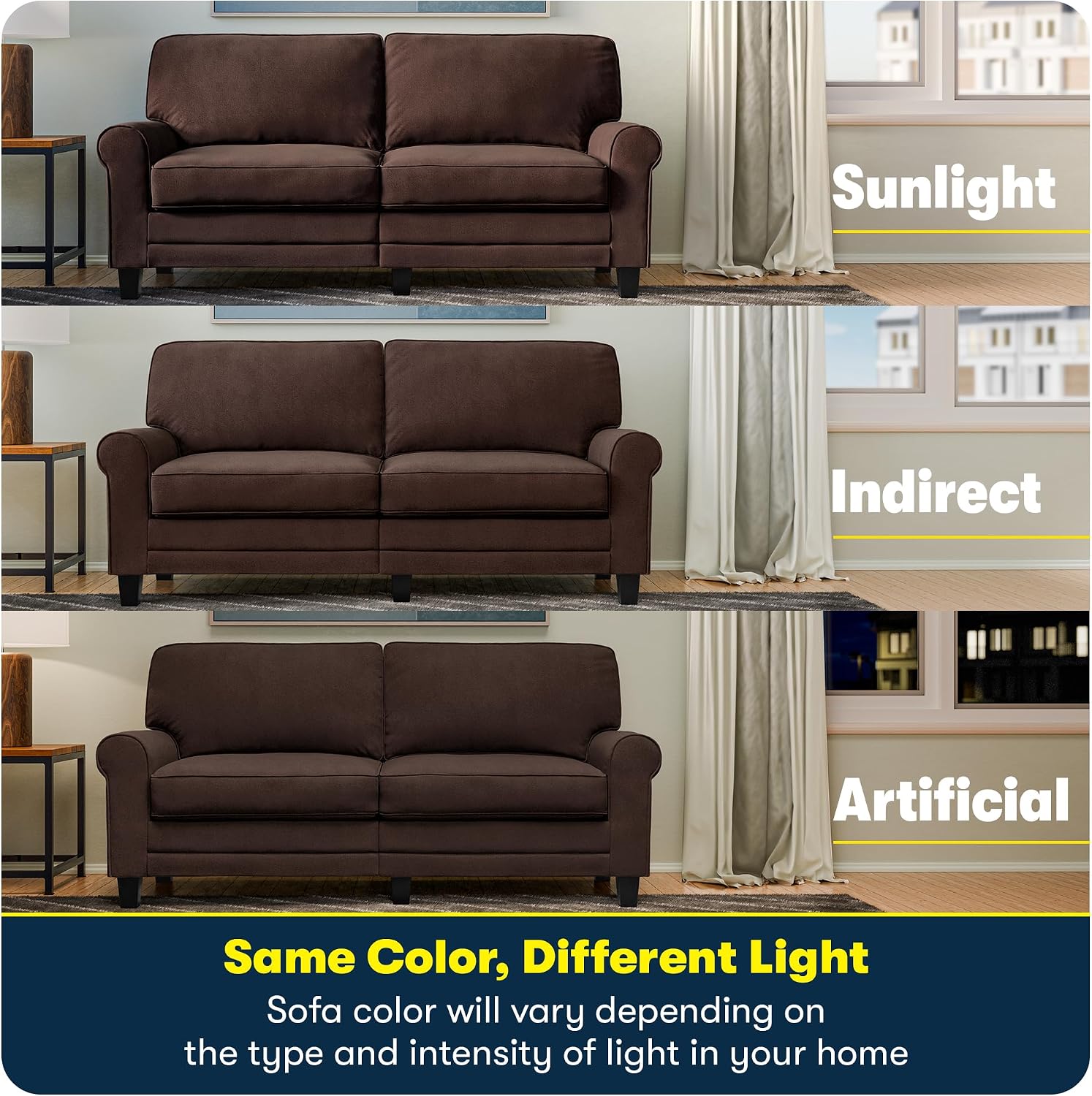 Serta Copenhagen 73' Rolled Arm Sofa, Easy Care Polyester, Soft Pillow Back, Pocket Coil Seat Cushions, Removable Covers, Loveseat or Couch for Small Spaces, Living Rooms or Bedrooms, Brown