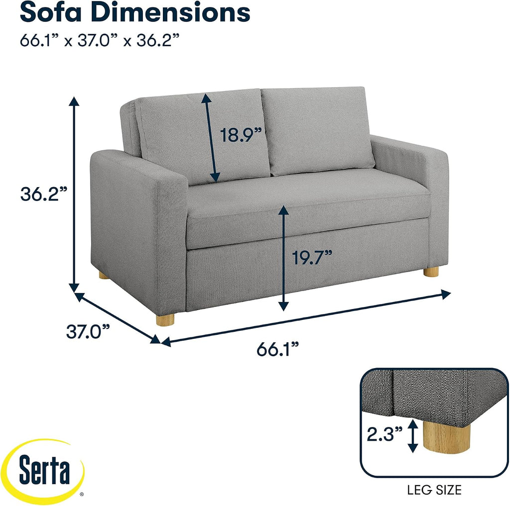Serta Tulsa 66.1' Convertible Sleeper Loveseat, Full Size, Dreamcoil Comfort, FingerGuard Pinch Point Protection, Boucle Fabric, Grey