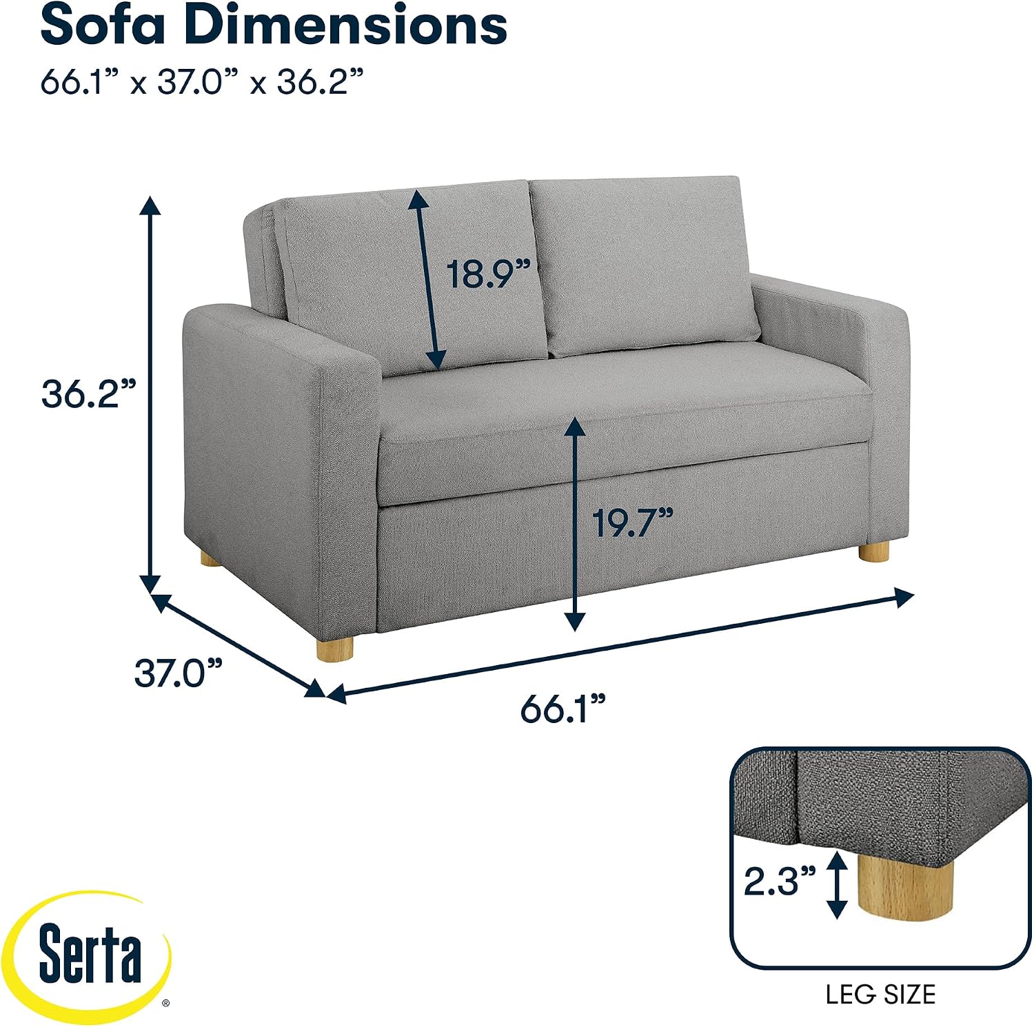 Serta Tulsa 66.1' Convertible Sleeper Loveseat, Full Size, Dreamcoil Comfort, FingerGuard Pinch Point Protection, Boucle Fabric, Grey