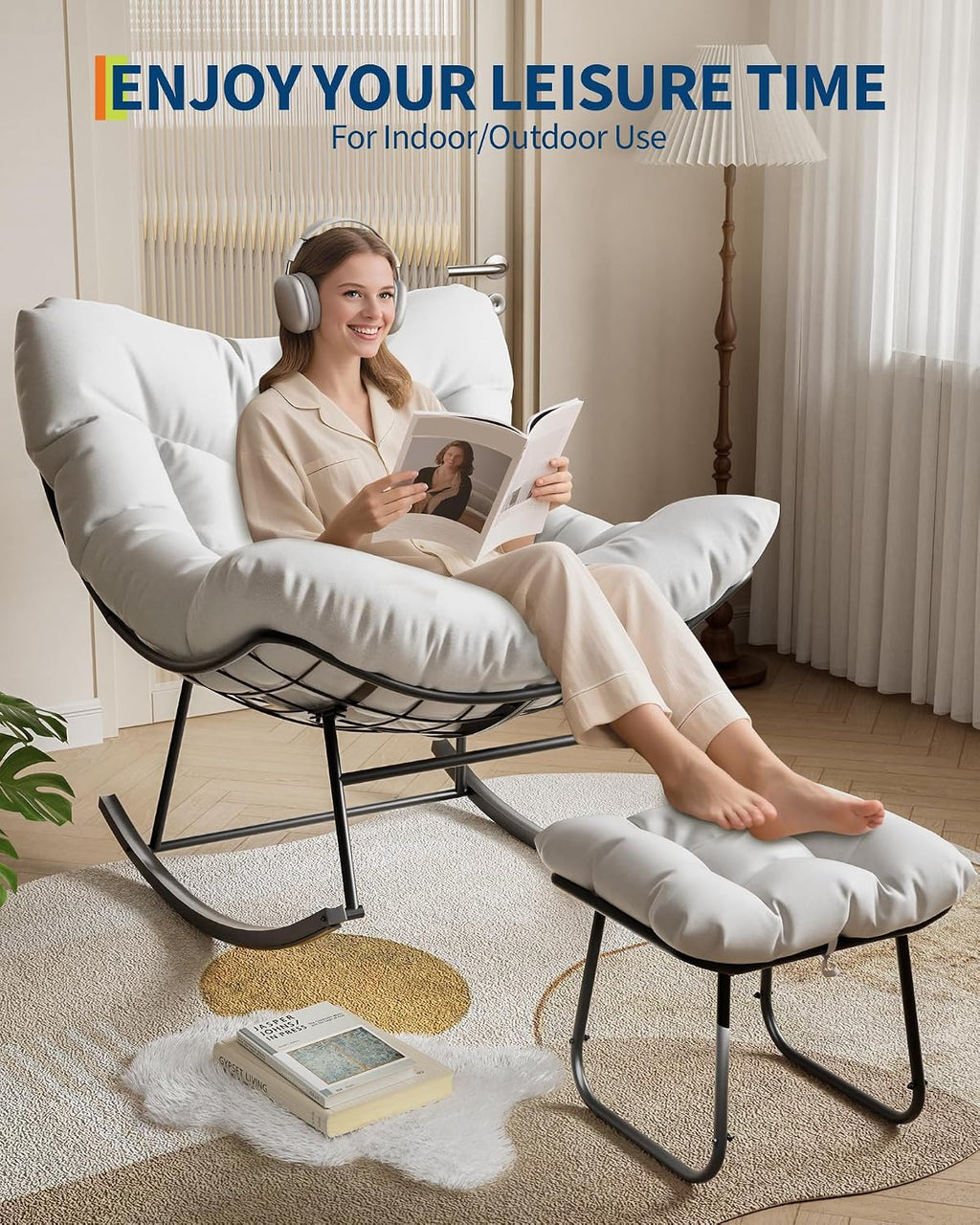 Oversized Papasan Rocking Chair with Ottoman - Durable Handwoven Egg Chair, Soft Cushion & Metal Frame for Patio, Bedroom, Living Room