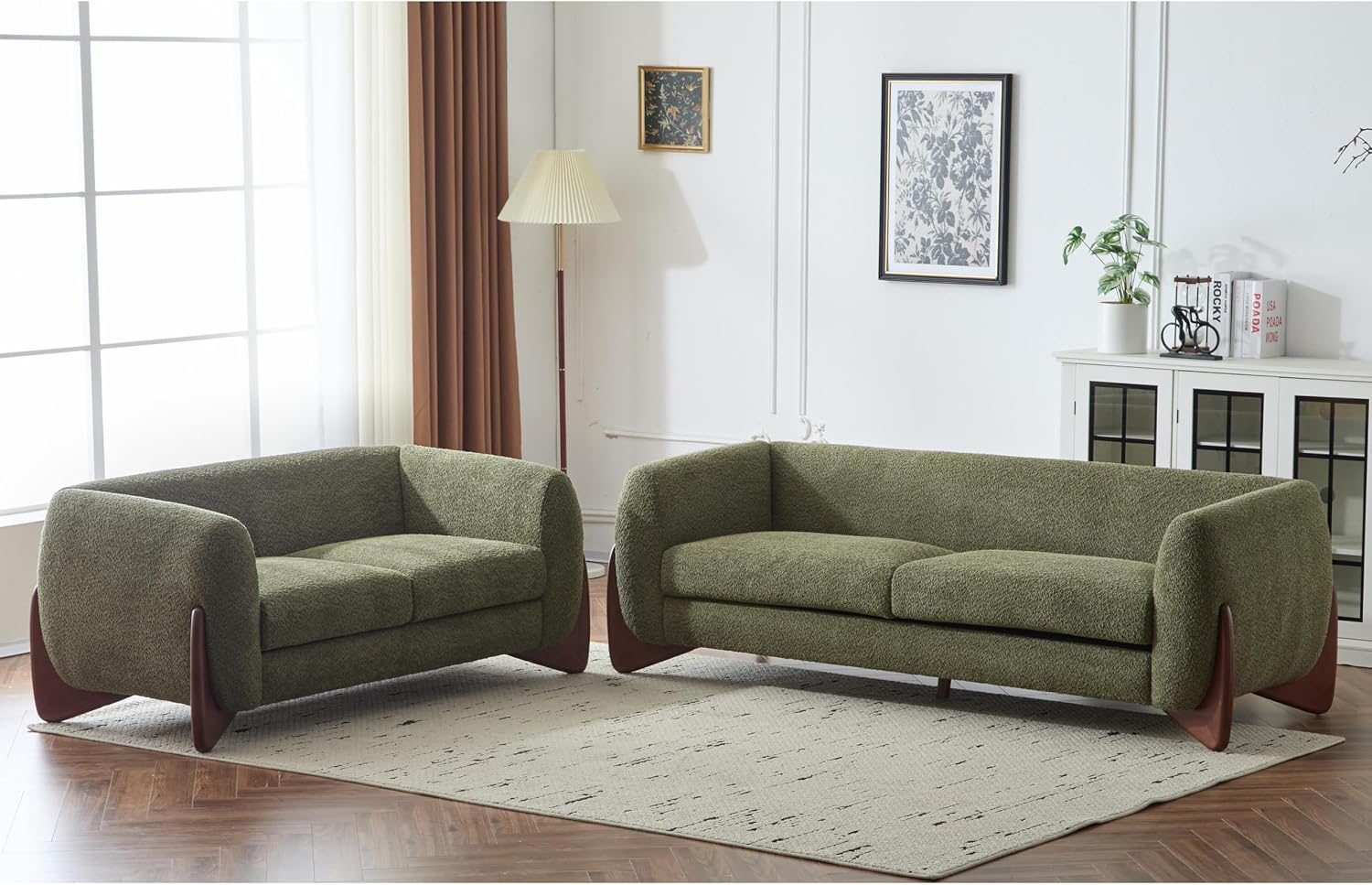 Christopher Knight Home Almad 2 Pieces Sofa Couch Set, Cozy 3-Seater Sofa and Loveseat for Living Room, Upholstered Couch Chair, Soft Seating Lounge Sofa with Wood Frame, Boucle Fabric, Olive Green