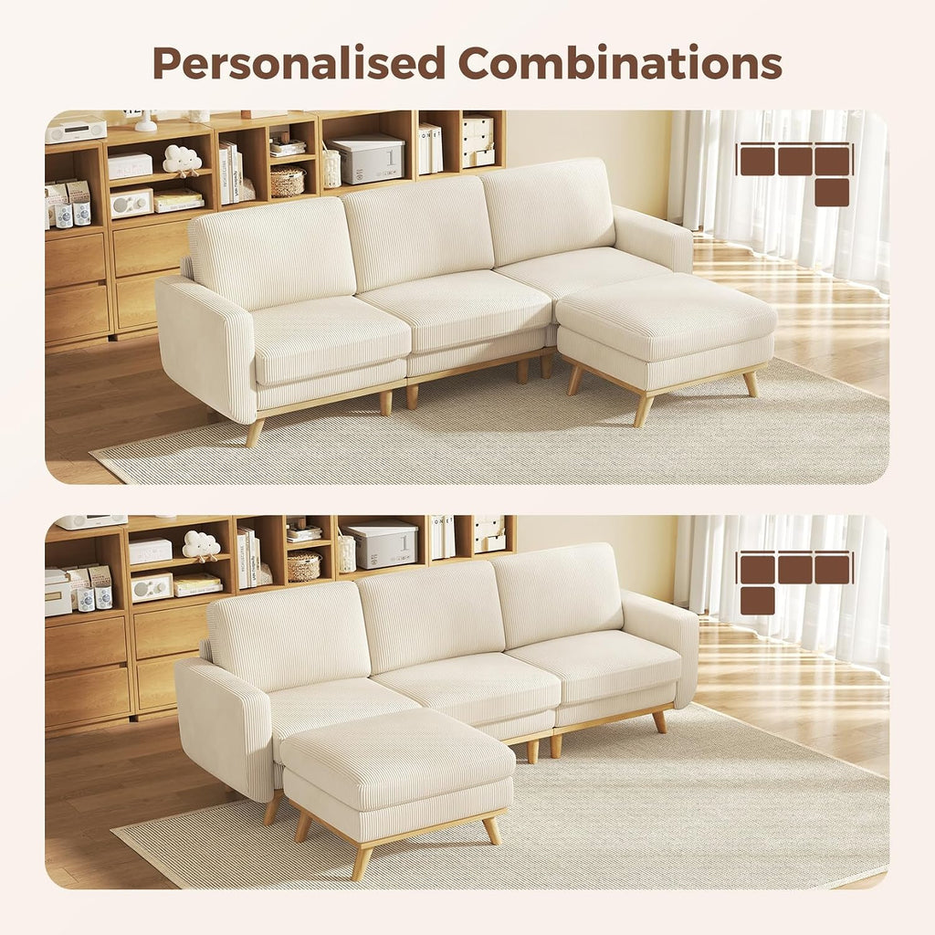 Vesgantti 97' Modular Sectional Sofa Beige, L-Shaped Couch with Movable Ottoman, Comfy Corduroy Couch with Spring Cushion, Modular Sofa with Deep Seat for Living Room, Bedroom and Apartment