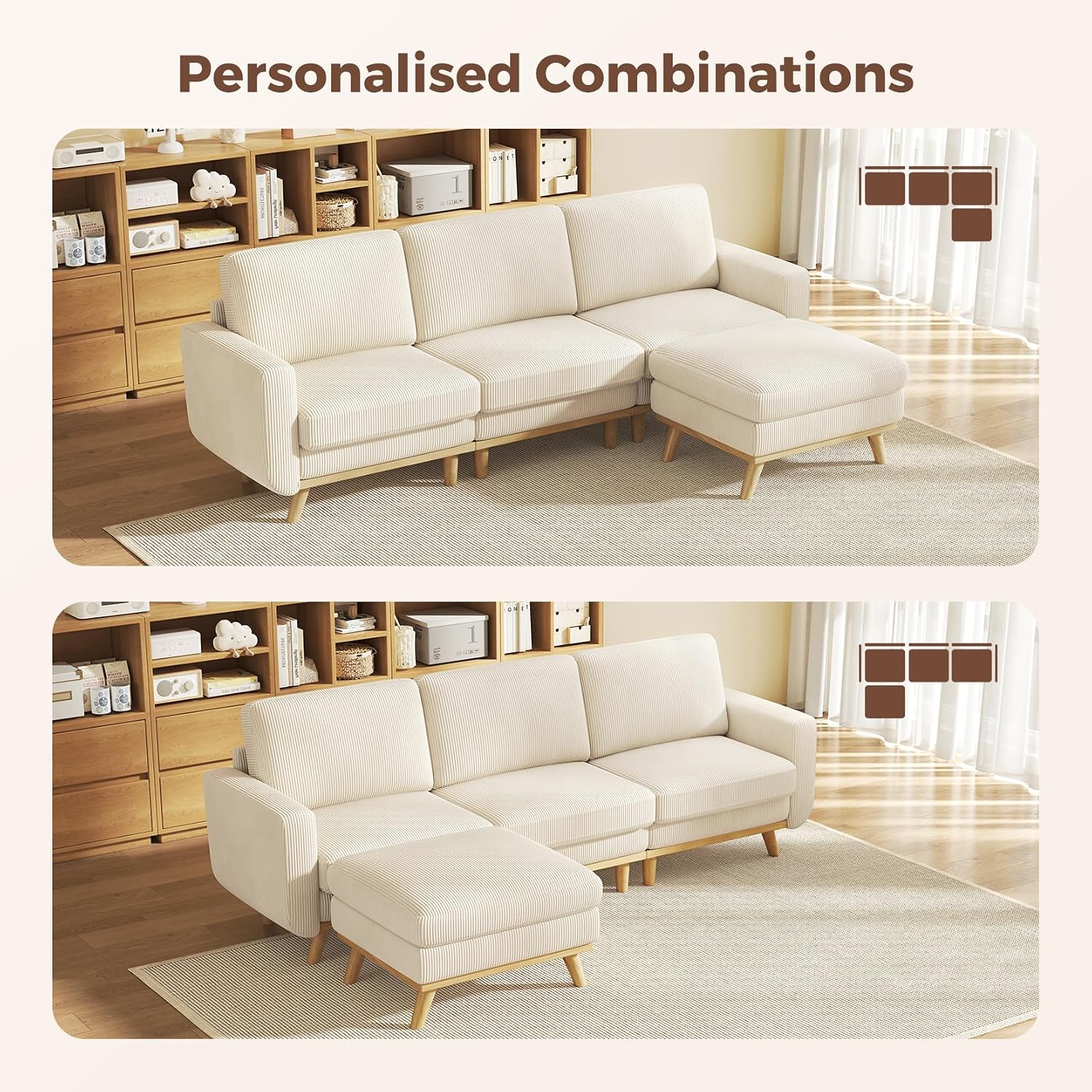 Vesgantti 97' Modular Sectional Sofa Beige, L-Shaped Couch with Movable Ottoman, Comfy Corduroy Couch with Spring Cushion, Modular Sofa with Deep Seat for Living Room, Bedroom and Apartment