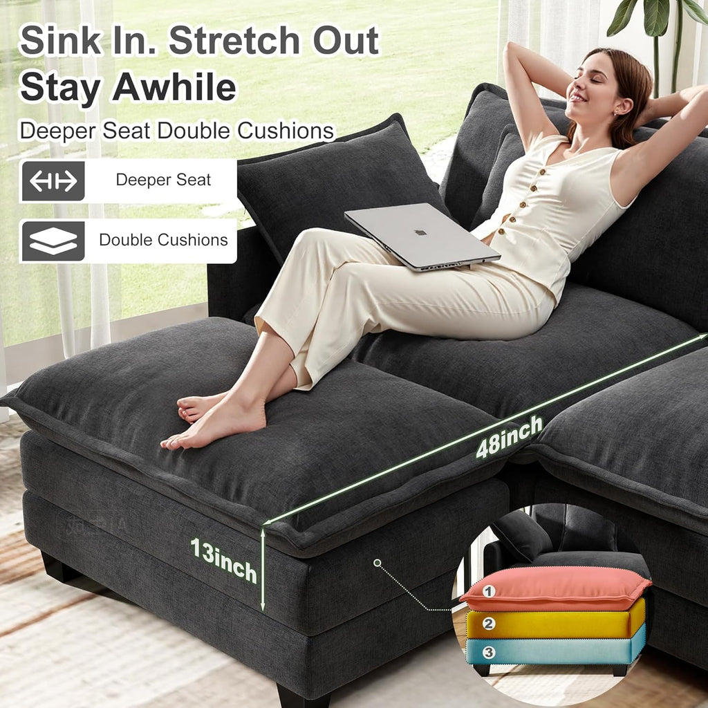 146' Cloud Couch Sectional, U Shaped Modular Sectional Sofa, 4-Seat Deep Seat Couch with 6 Removable Washable Pillows and 2 Ottoman for Living Room, Bedroom, Apartment, Black