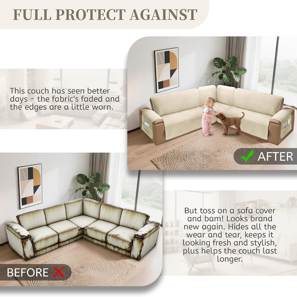 Sectional Couch Covers for Dogs 100% Waterproof Corner L Shaped Sofa Cover Pet Friendly Velvet Washable Anti Slip L Shape Modular Sofa Slipcover Protector with Pockets (Beige, X-Large)