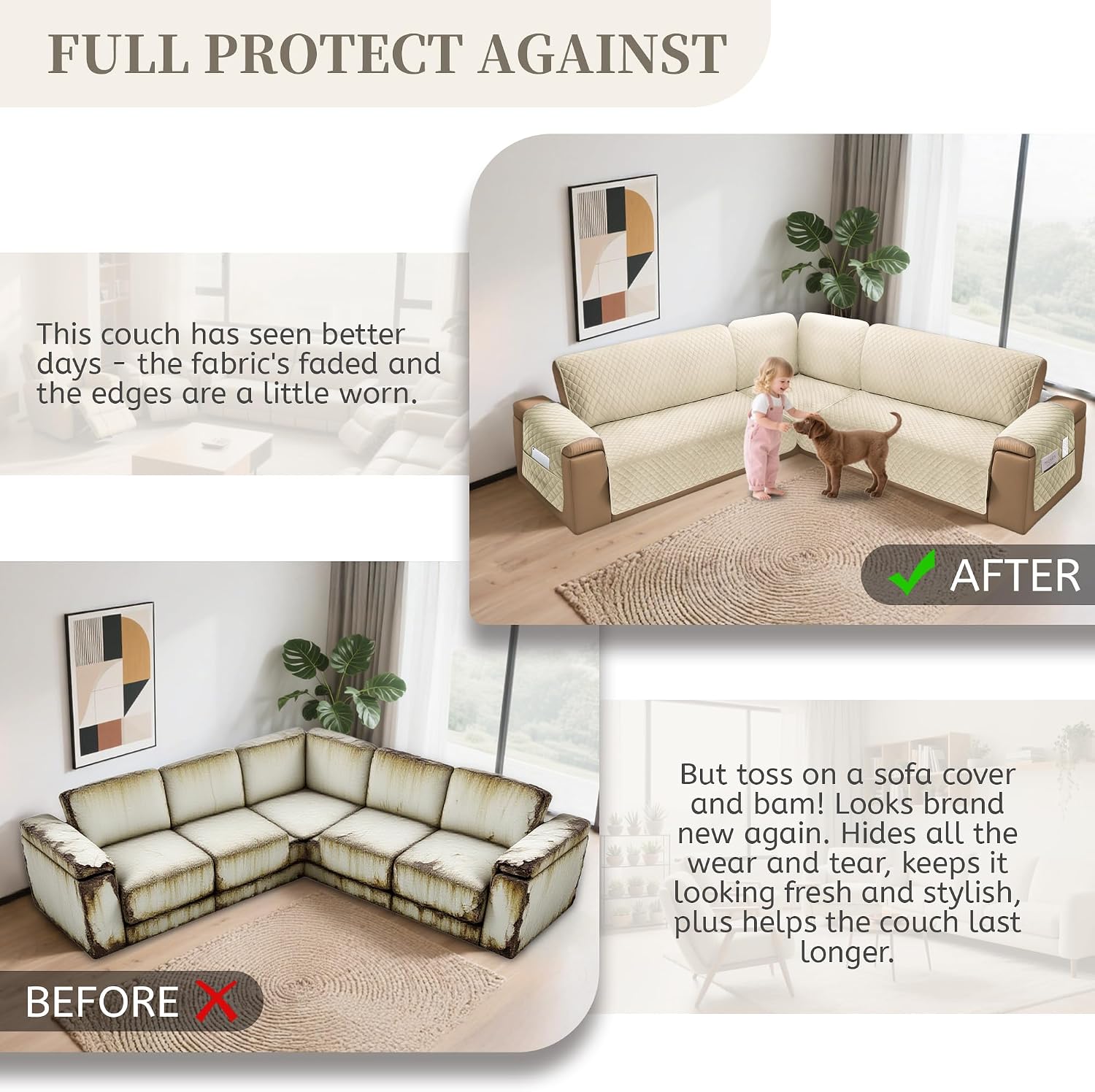 Sectional Couch Covers for Dogs 100% Waterproof Corner L Shaped Sofa Cover Pet Friendly Velvet Washable Anti Slip L Shape Modular Sofa Slipcover Protector with Pockets (Beige, X-Large)