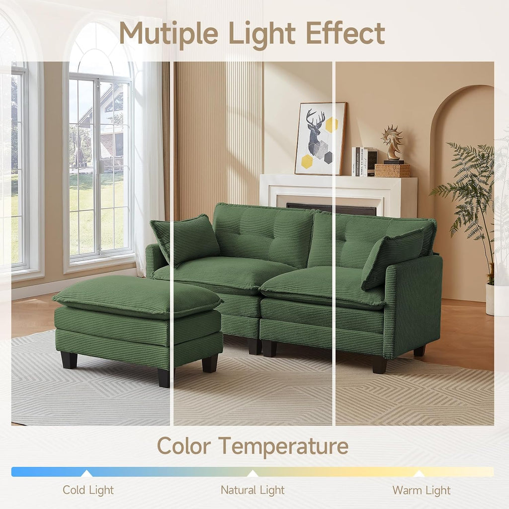 Amsleekey Modular Sectional Sofa, 76.5' L-Shaped Corduroy Comfy Sectional Couches for Living Room, 2-Seater Cloud Couches with 1 Movable Ottoman, Flexible Combination Modern Deep Seat Sofa (Green)