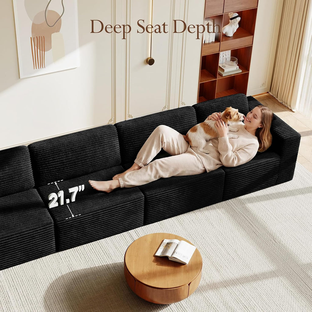 Vesgantti 159' Modular Sectional Sofa, Corduroy Cloud Couch with Extra Deep Seats & Spring Support, Flexible Layout 4-Seater Boneless Couch, No Assembly Required, Black