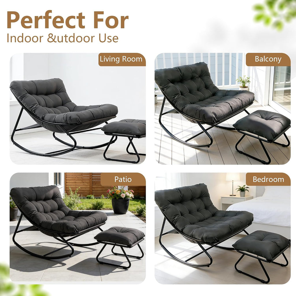 Outdoor Rocking Chair with Ottoman, Comfy Oversized Papasan Chair, Modern Upholstered Egg Gliders, 300 Lbs Wide Recliner Lounge Rocker for Bedroom, Living Room, Patio, Porch, Balcony (Grey)