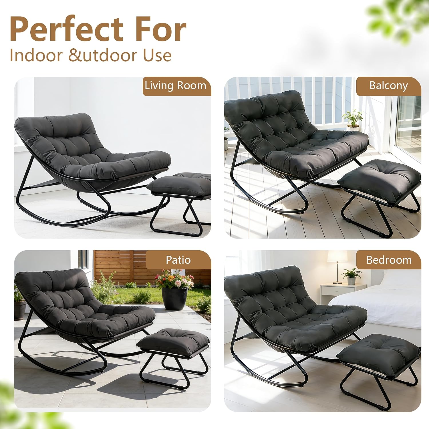 Outdoor Rocking Chair with Ottoman, Comfy Oversized Papasan Chair, Modern Upholstered Egg Gliders, 300 Lbs Wide Recliner Lounge Rocker for Bedroom, Living Room, Patio, Porch, Balcony (Grey)