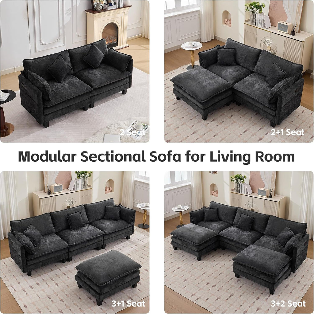 Modular Sectional Sofa, 75' Loveseat Modern Couches for Living Room, Comfy Cloud Couch with Deep Seat for Office and Apartment, with Charger, USB & Type-c Port, Black Chenille Fabric