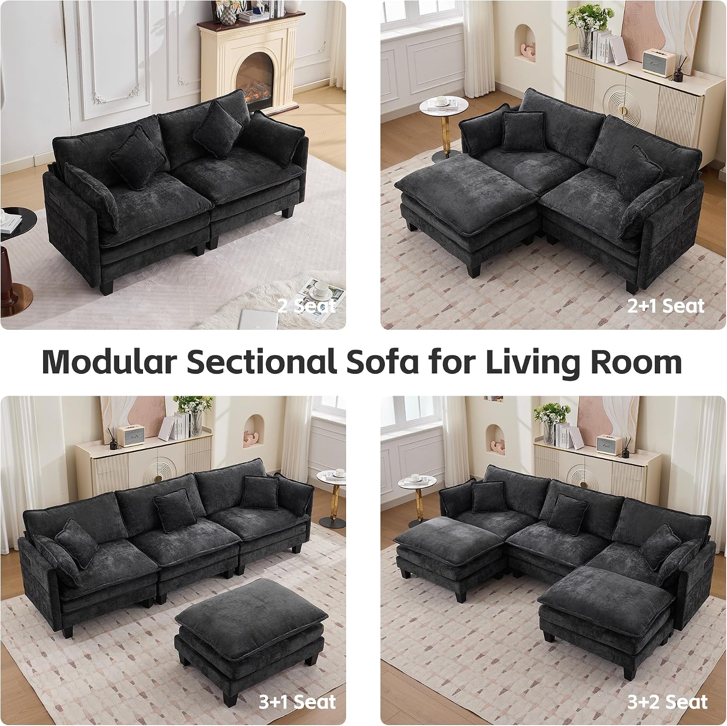 Modular Sectional Sofa, 75' Loveseat Modern Couches for Living Room, Comfy Cloud Couch with Deep Seat for Office and Apartment, with Charger, USB & Type-c Port, Black Chenille Fabric
