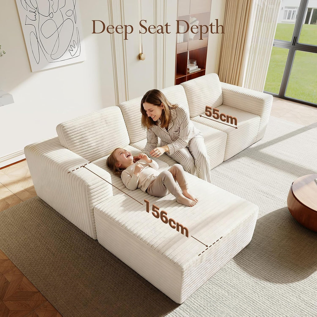 Vesgantti 119' L-Shaped Modular Sectional Sofa, Corduroy Cloud Couch with Deep Seating & Spring Support, Flexible Layout Sofa with Ottoman, Boneless Style, No Assembly Required, Beige