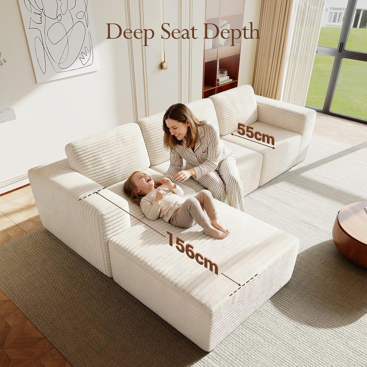 Vesgantti 119' L-Shaped Modular Sectional Sofa, Corduroy Cloud Couch with Deep Seating & Spring Support, Flexible Layout Sofa with Ottoman, Boneless Style, No Assembly Required, Beige