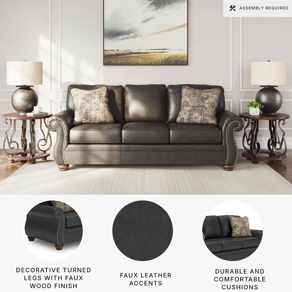 Signature Design by Ashley Chatterton Rustic Faux Leather Queen Sofa Sleeper with Bi-Fold Memory Foam Mattress, Nailhead Trim and 2 Throw Pillows, Queen, Black