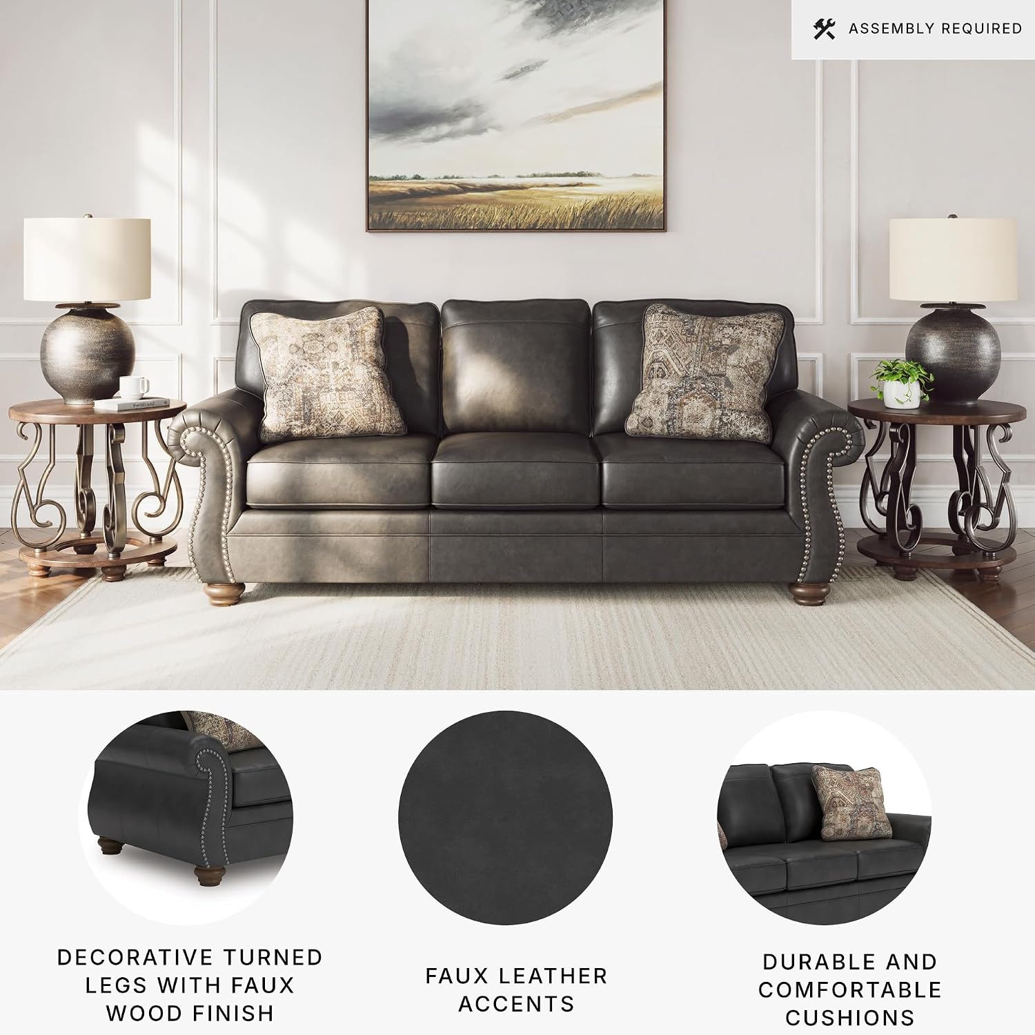 Signature Design by Ashley Chatterton Rustic Faux Leather Queen Sofa Sleeper with Bi-Fold Memory Foam Mattress, Nailhead Trim and 2 Throw Pillows, Queen, Black