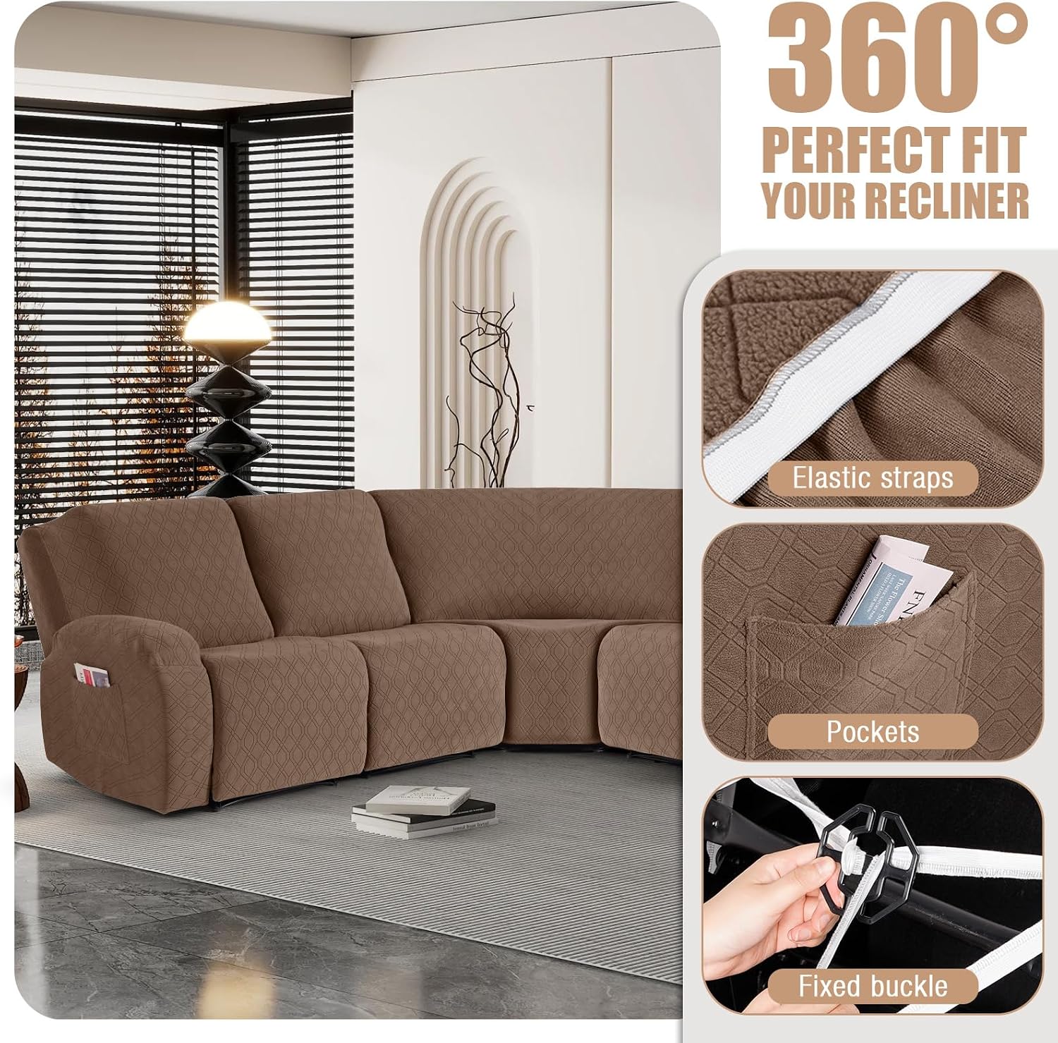 VANSOFY Extra Large Reclining Sectional Couch Covers, Washable 5-Piece Sofa Covers for L Shape Sectional Sofa Corner Seater, Thick, Soft Sofa Slipcovers (5 Seat Recliner Cover, Light Coffee)