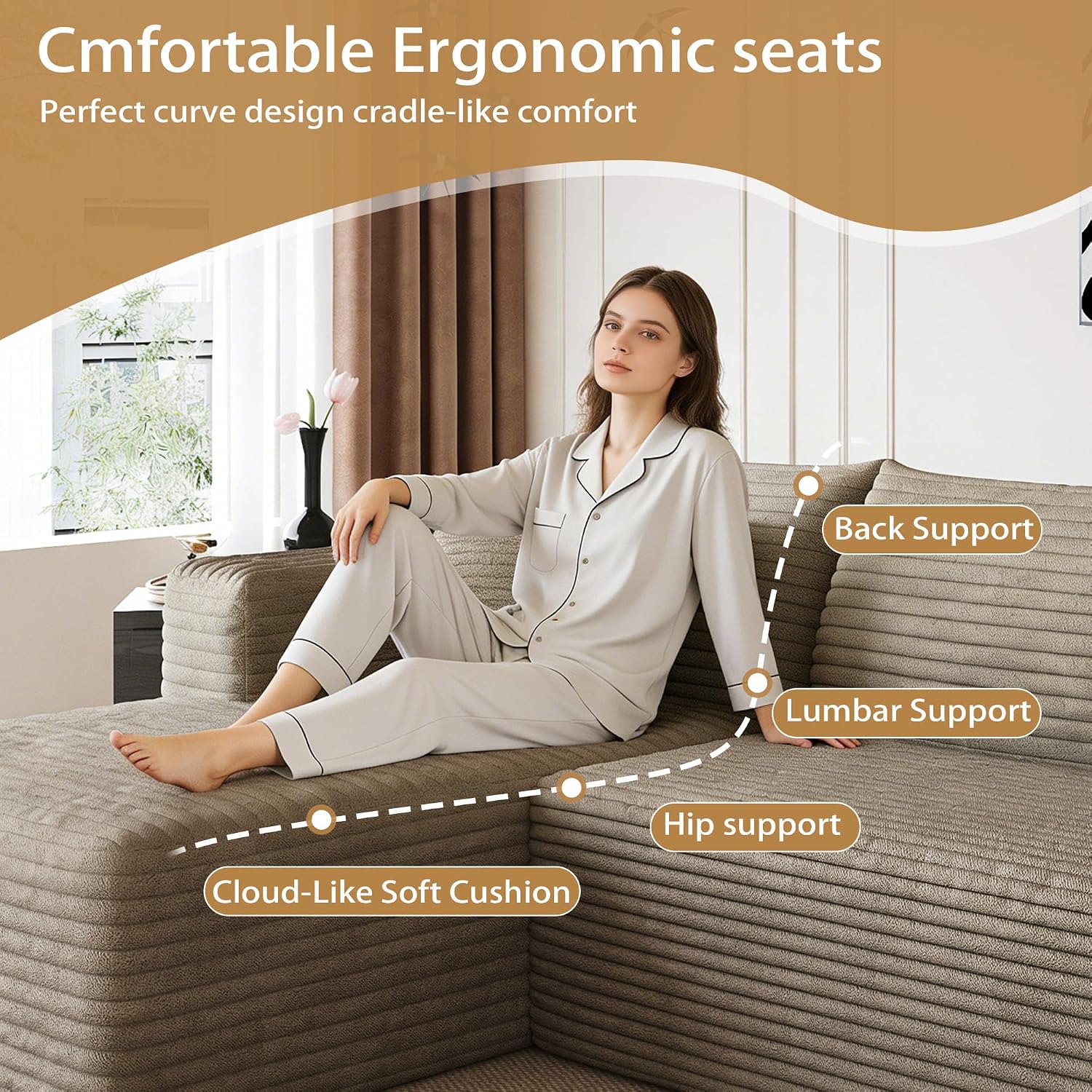 AUGOP 96' Sectional Couches for Living Room Modern Modular Sofa with L-Shape Couchs Upholstered Boneless Couch Deep Seat Sectional Couch with Chaise (Camel, 96' Left Facing Chaise+2Seaters)