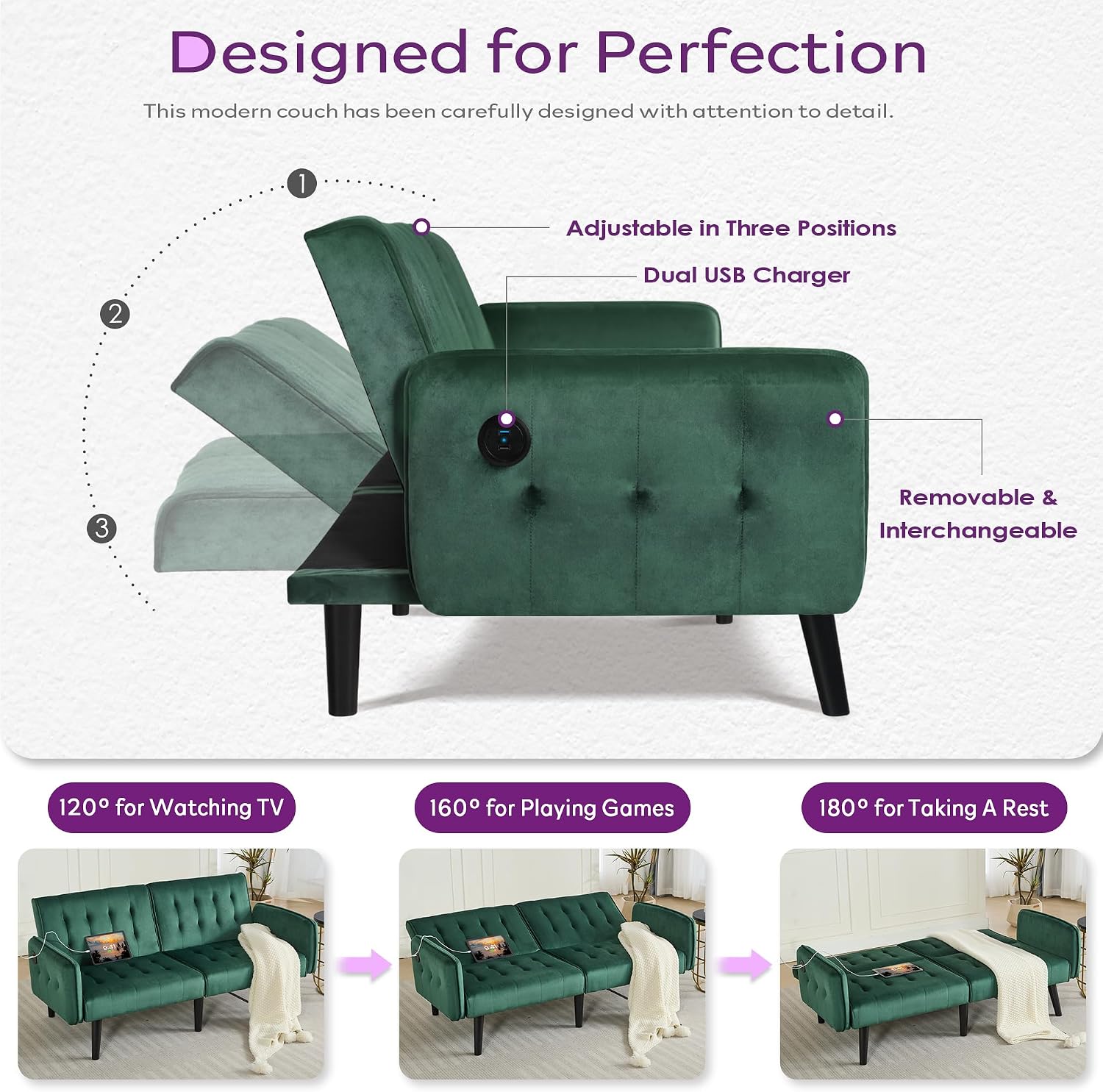 TYBOATLE 65' W Velvet Modern Convertible Folding Futon Couch Sofa Bed w/ 2 USB Charging Ports and arms, Loveseat for Living Room, Office, Apartment, Bedroom (Green)