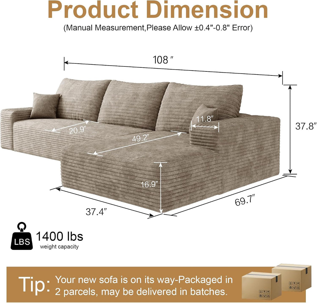 AUGOP 108' Sectional Couches for Living Room Modern Modular Sofa with L-Shape Couchs Upholstered Boneless Couch Deep Seat Sectional Couch with Chaise (Camel, Right Facing Chaise+2Seaters)