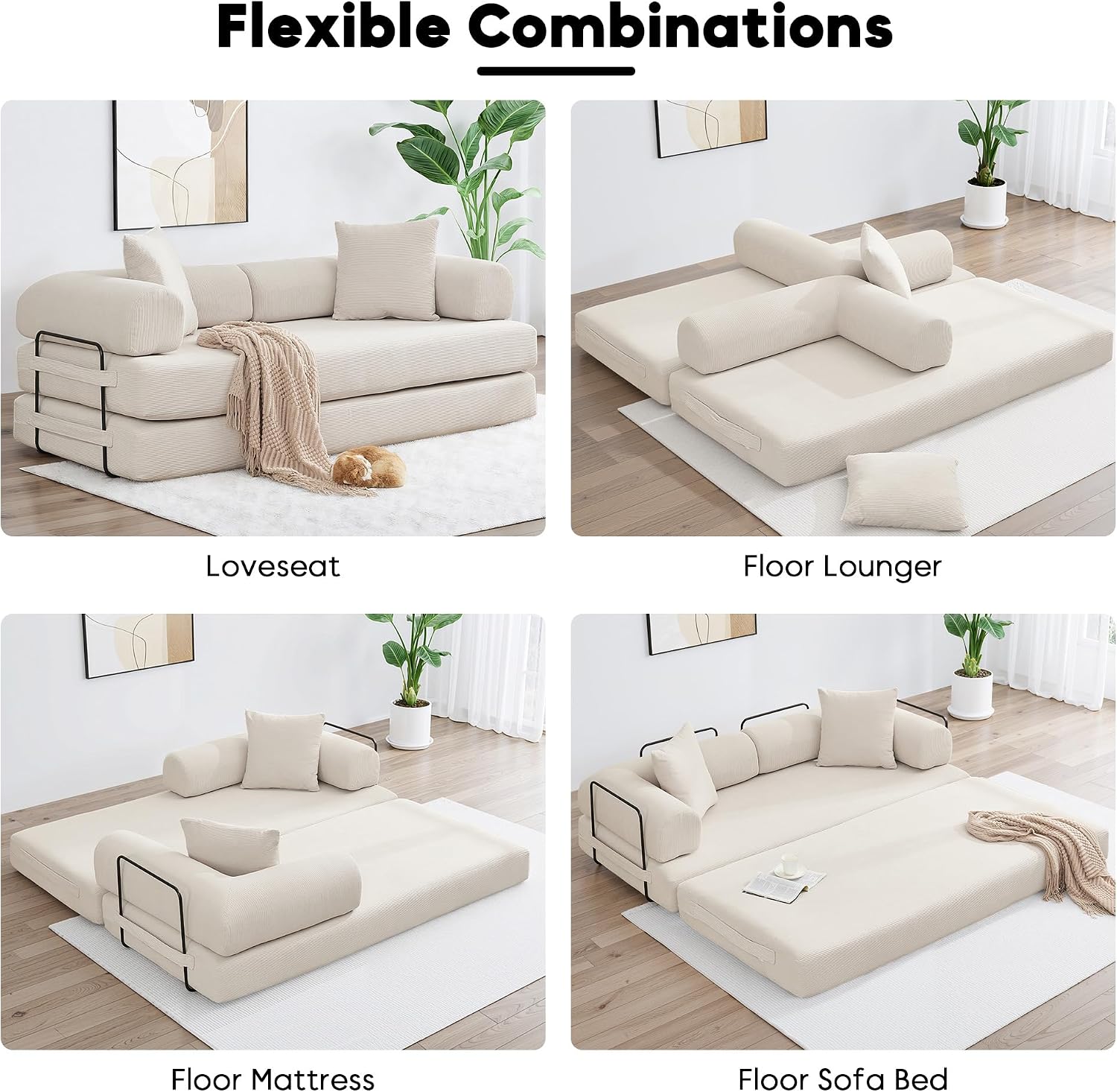 ZEIINPA Convertible Sleeper Sofa Bed with Cylindrical Pillow, Corduroy Folding Mattress Couch with Fixed-Shape Frame, Floor Sofa Lounge Couch for Living Room Bedroom Lounge Studio, Beige