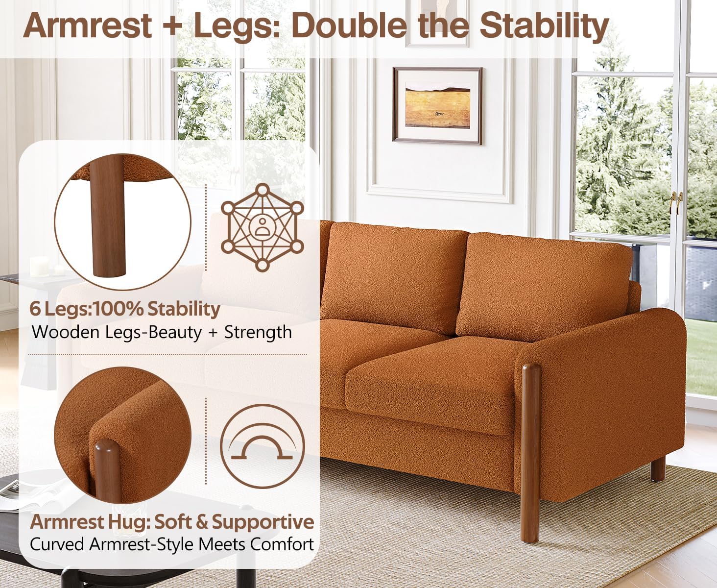 Christopher Knight Home Yadil Teddy Fleece Upholstered 3 Seater Sofa Couch, Wooden Home Sofa Living Room, Comfy Cloud Couch for Bedroom, Home Office, Orange
