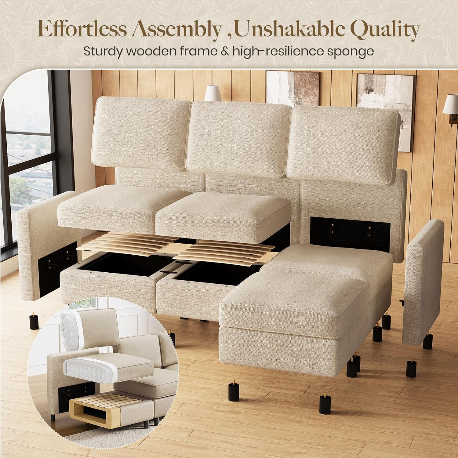 Belffin 84.3' 5 Seats U Shaped Couch Modular Sectional Sofa Washable Sectional Couches for Living Room Comfy Couches with Storage Seat Couch Sofas with Chaise,Beige