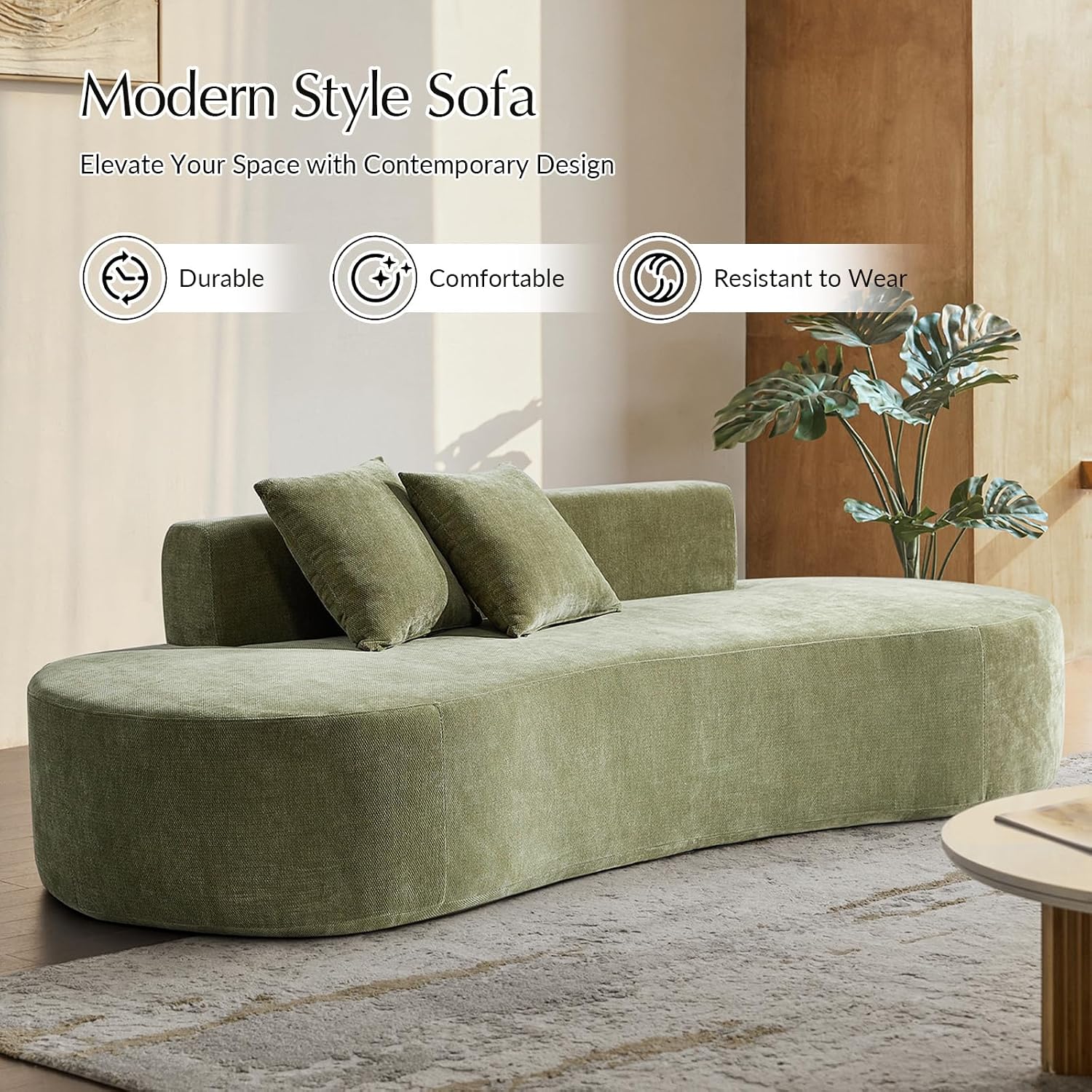 HULALA HOME 94.5' Curved Boneless Couch with Two Pillows, Oversized 3 Seater Compressed Foam Sofa with Deep Seat, Modern Cloud Couch for Living Room, No Assembly Required, Olive