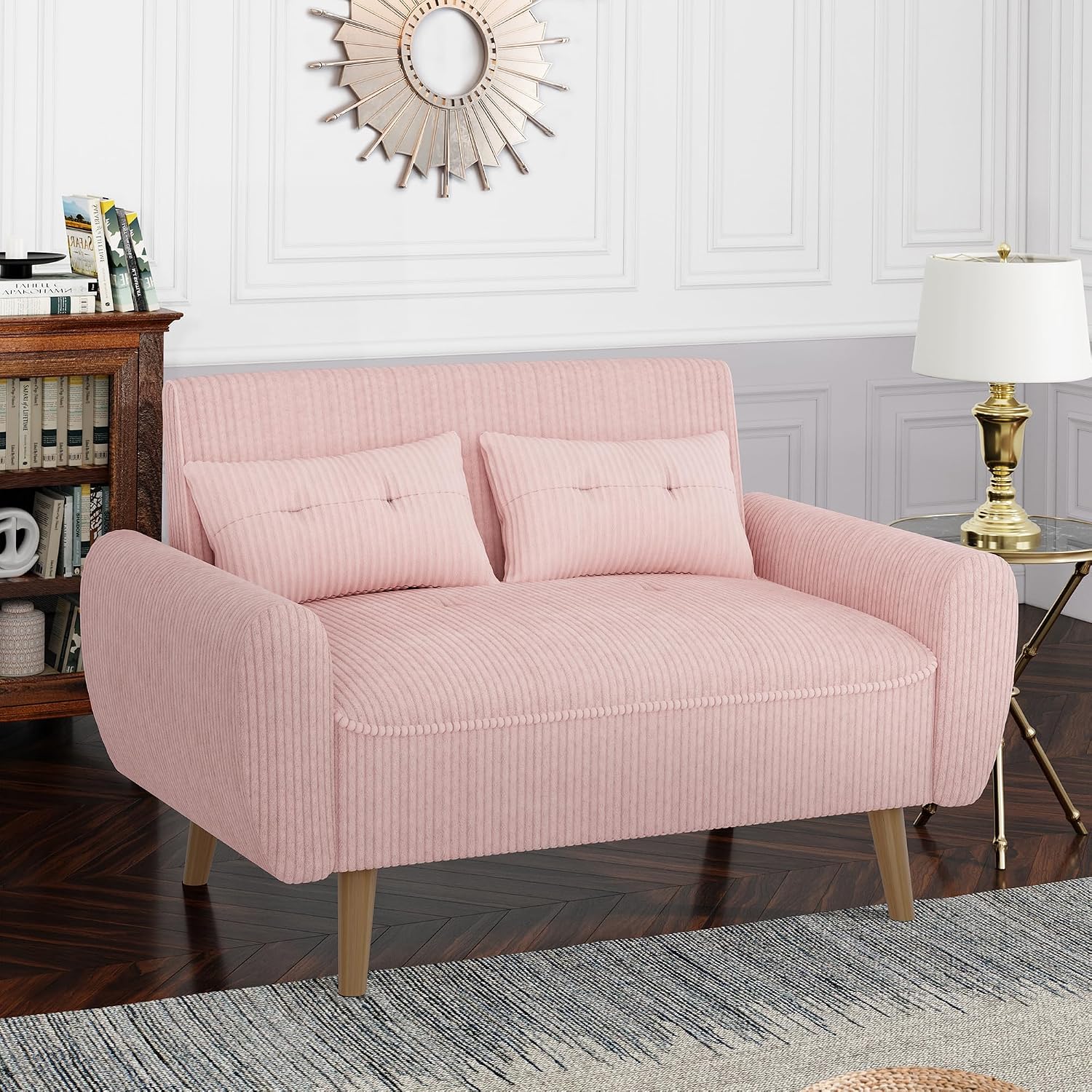 Shintenchi 48'' Loveseat Sofa, Mid-Century Modern Upholstered Couch Deep Seat with 2 Pillows, 10' Thick Cushion with Spring, Solid Wood Frame Small Couch for Living Room, Bedroom, Dorms & Office, Pink