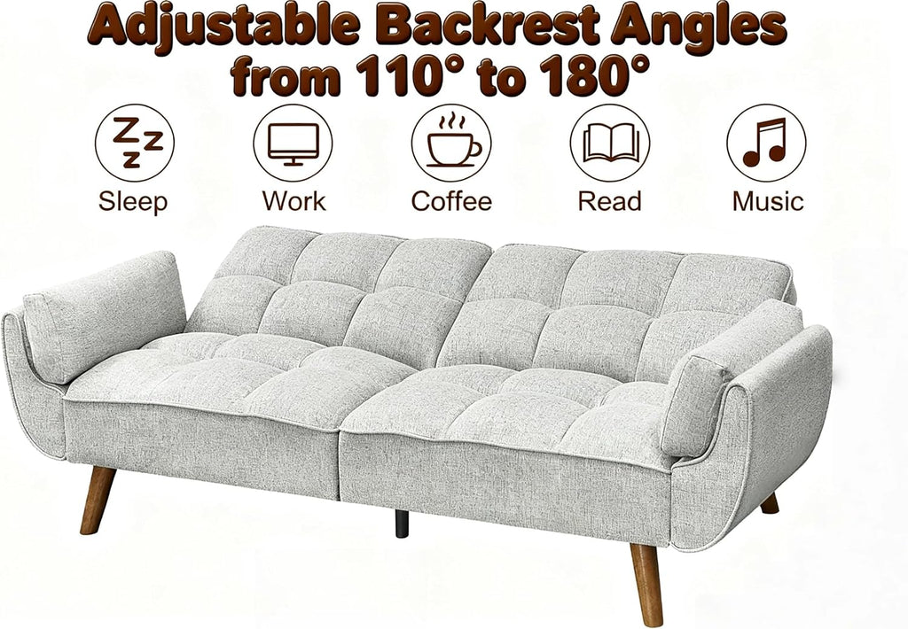 Convertible Futon Sofa Bed, Modern Futon Couch with 2 Pillows, Small Futons Couch with Adjustable Armrest & Backrest, Loveseat Sofa Bed for Living Room, Bedroom, Gray