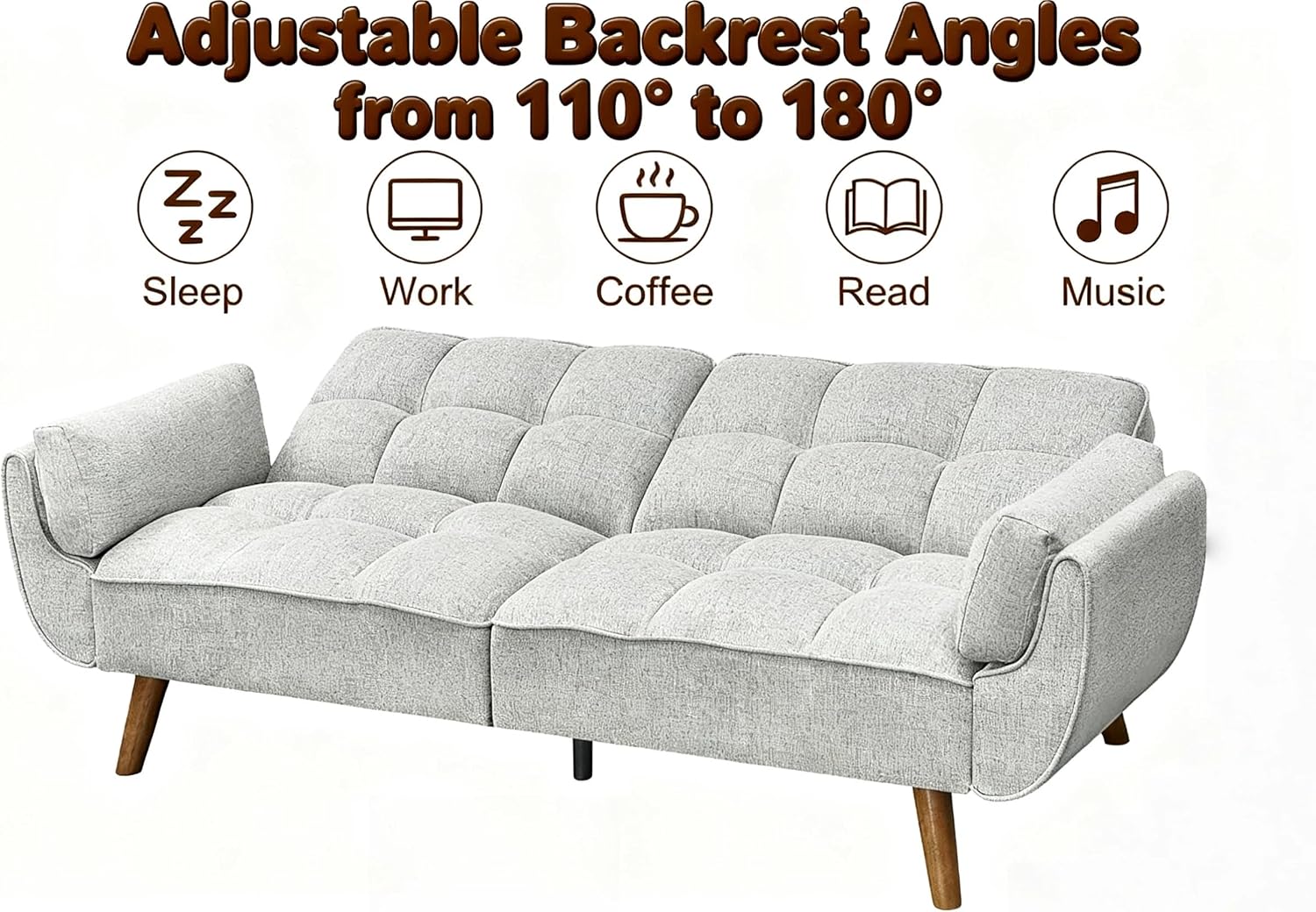 Convertible Futon Sofa Bed, Modern Futon Couch with 2 Pillows, Small Futons Couch with Adjustable Armrest & Backrest, Loveseat Sofa Bed for Living Room, Bedroom, Gray