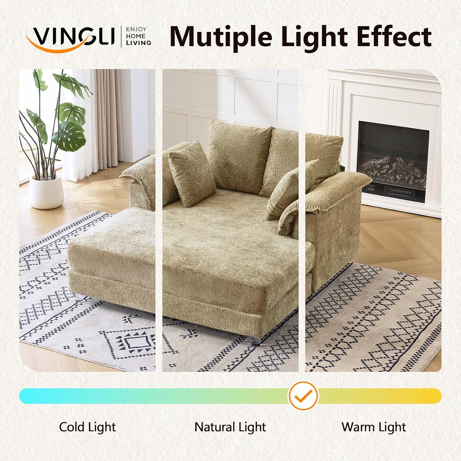 VINGLI Modern Floating Chaise Lounge Chair with LED Lights & Acrylic Legs, Upholstered Cushion Deep Seat Lounge Sofa with Iron-Wood KD Frame, Pillow Armrest Accent Chair for Living Room, Apartment