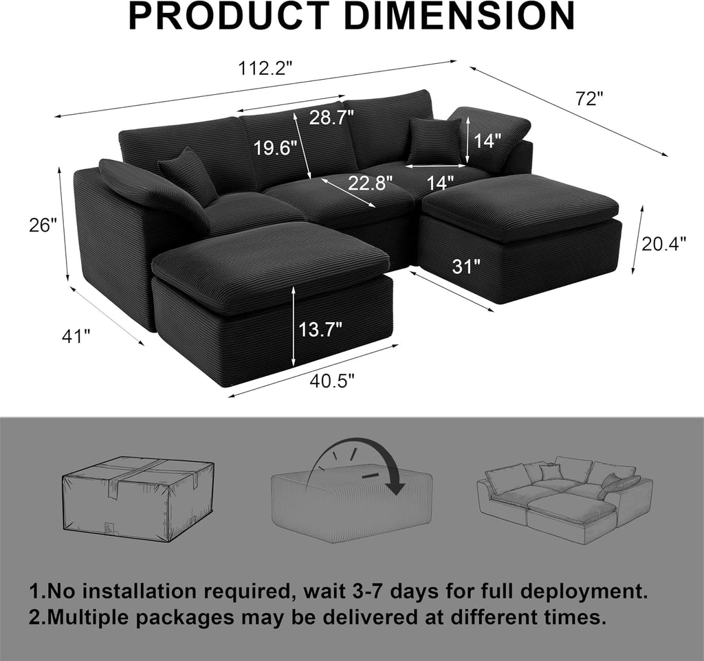 112' Cloud Sectional Couch, Boneless Couches for Living Room, U Shaped Couch with Convertible Ottoman, Modular Sectional Sofa with Deep Seat, Comfy Soft Cushions, No Assembly, Black
