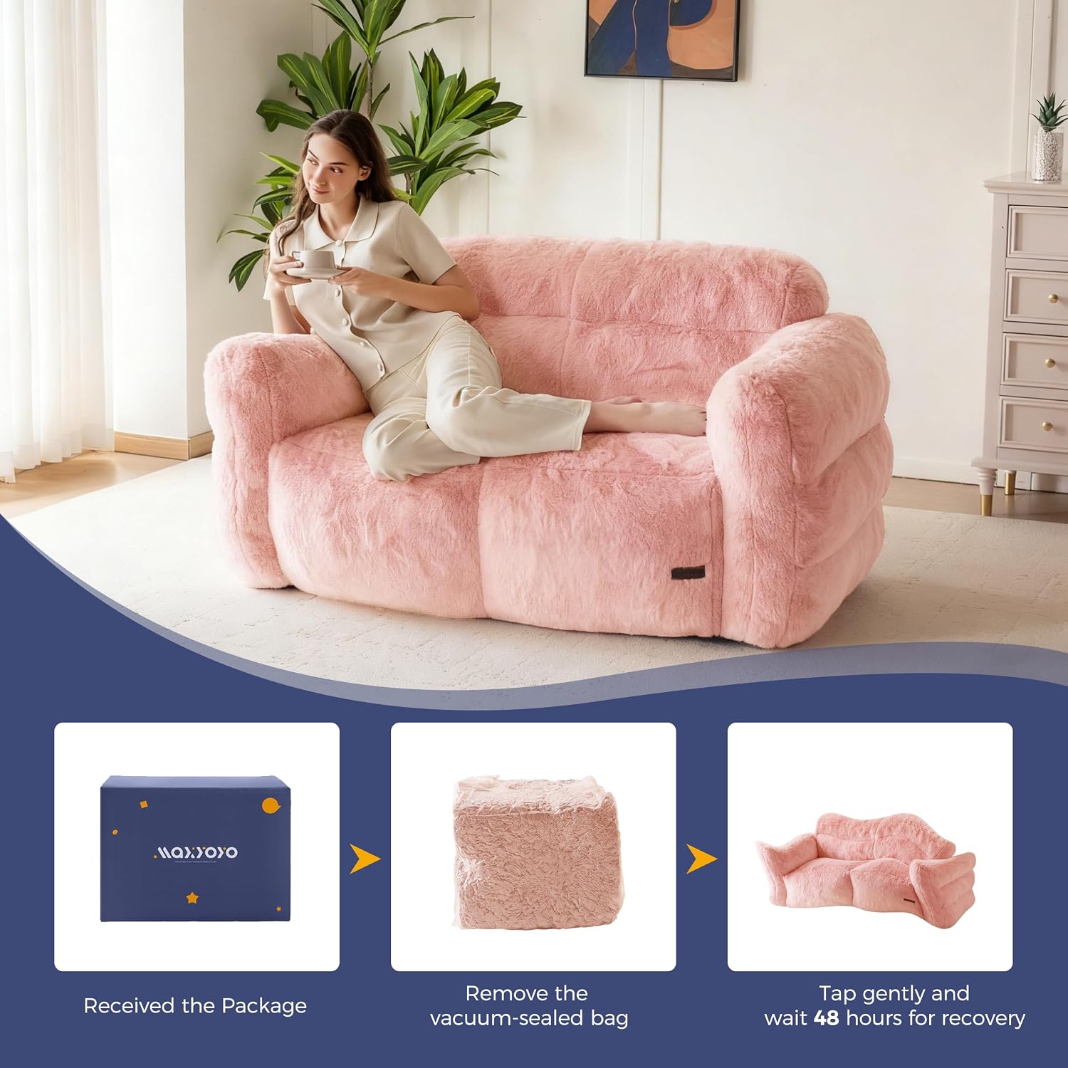 MAXYOYO Giant Bean Bag Chair for Adults, Loveseat Floor Sofa for Living Room, Ultra Soft Sofa Fluffy Reading Chair for Living Room, Pink
