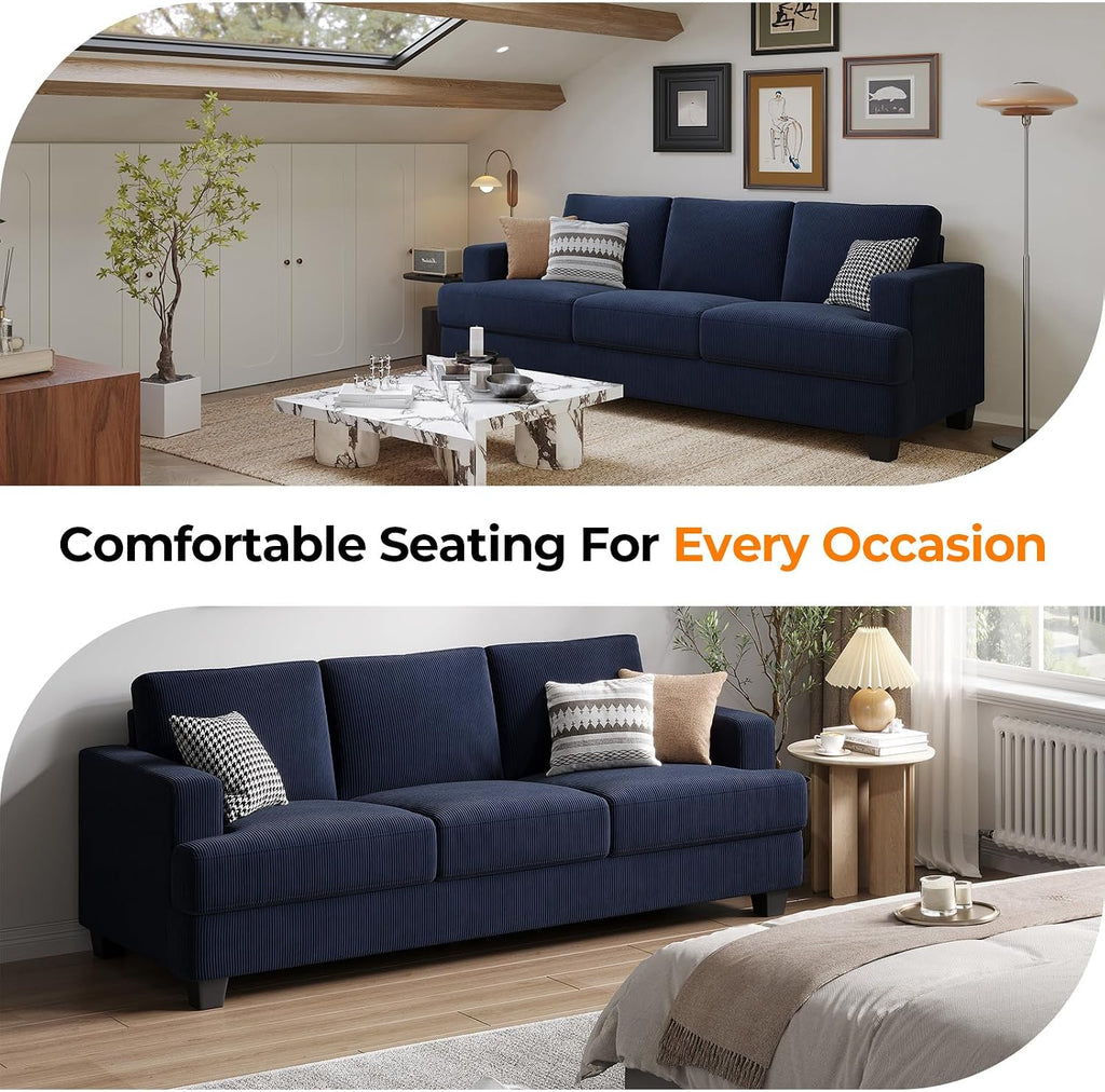 COPIAE 89 Inch Sofa with Extra Deep Seats Oversize, 3 Seater Sofa for Living Room, Modern Couch and Sofa, Comfy Armrests and Seats and Backrests, Easy Installation, Corduroy Fabric Blue