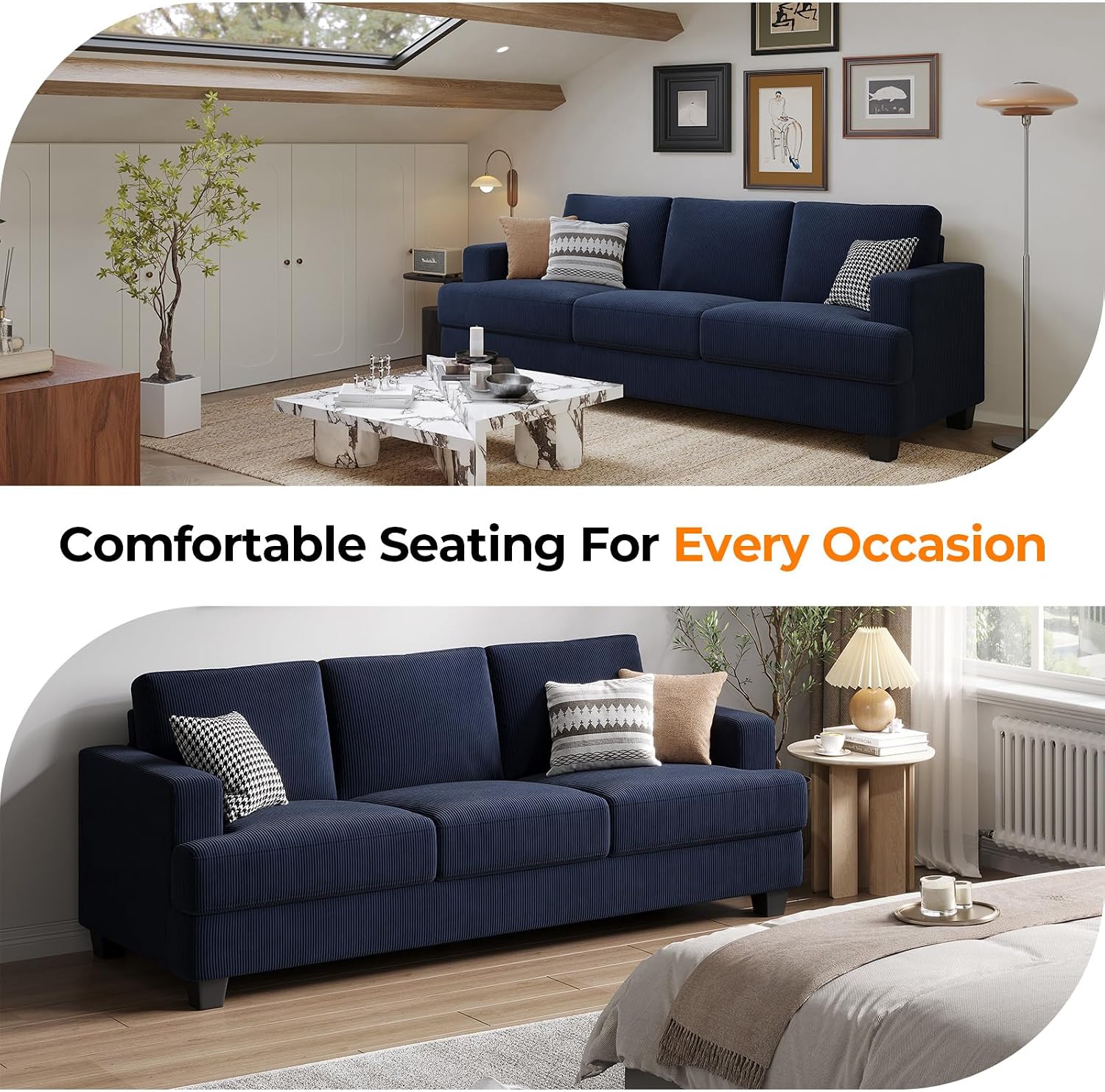 COPIAE 89 Inch Sofa with Extra Deep Seats Oversize, 3 Seater Sofa for Living Room, Modern Couch and Sofa, Comfy Armrests and Seats and Backrests, Easy Installation, Corduroy Fabric Blue