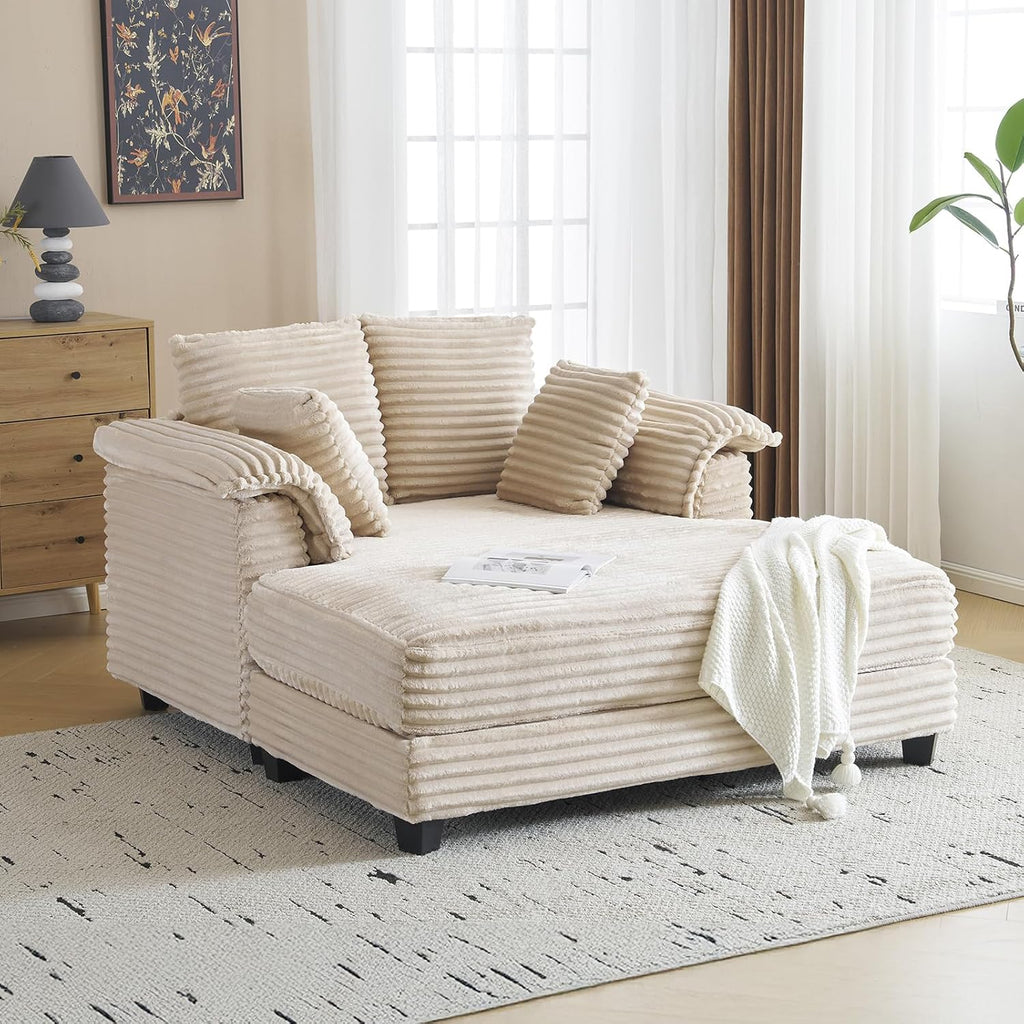 VINGLI 56' Oversized Chaise Lounge Chair, Beige Comfy Corduroy Chaise Sofa Recliner Bed Upholstered Sleeper Couch Bed with Throw Pillows and Armrests for Living Room, Movie Room, Bedroom