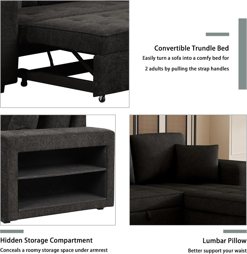104.5 inch Reversible Sleeper Sectional Sofa with Pull Out Bed , Convertible L Shaped Sectional Couch with Storage Chaise and 2 Stools , Tufted Upholstered Pullout Sofa Bed for Living Room Apartment