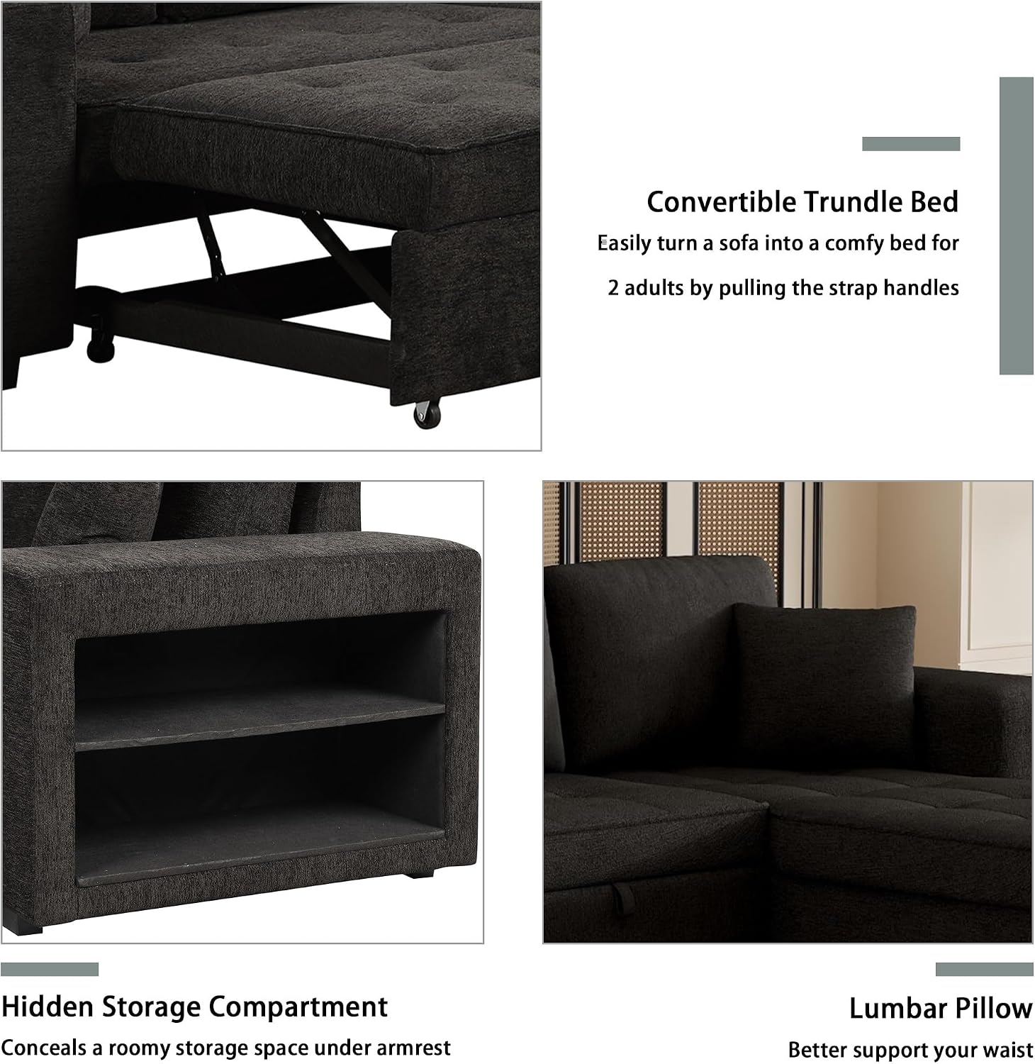 104.5 inch Reversible Sleeper Sectional Sofa with Pull Out Bed , Convertible L Shaped Sectional Couch with Storage Chaise and 2 Stools , Tufted Upholstered Pullout Sofa Bed for Living Room Apartment