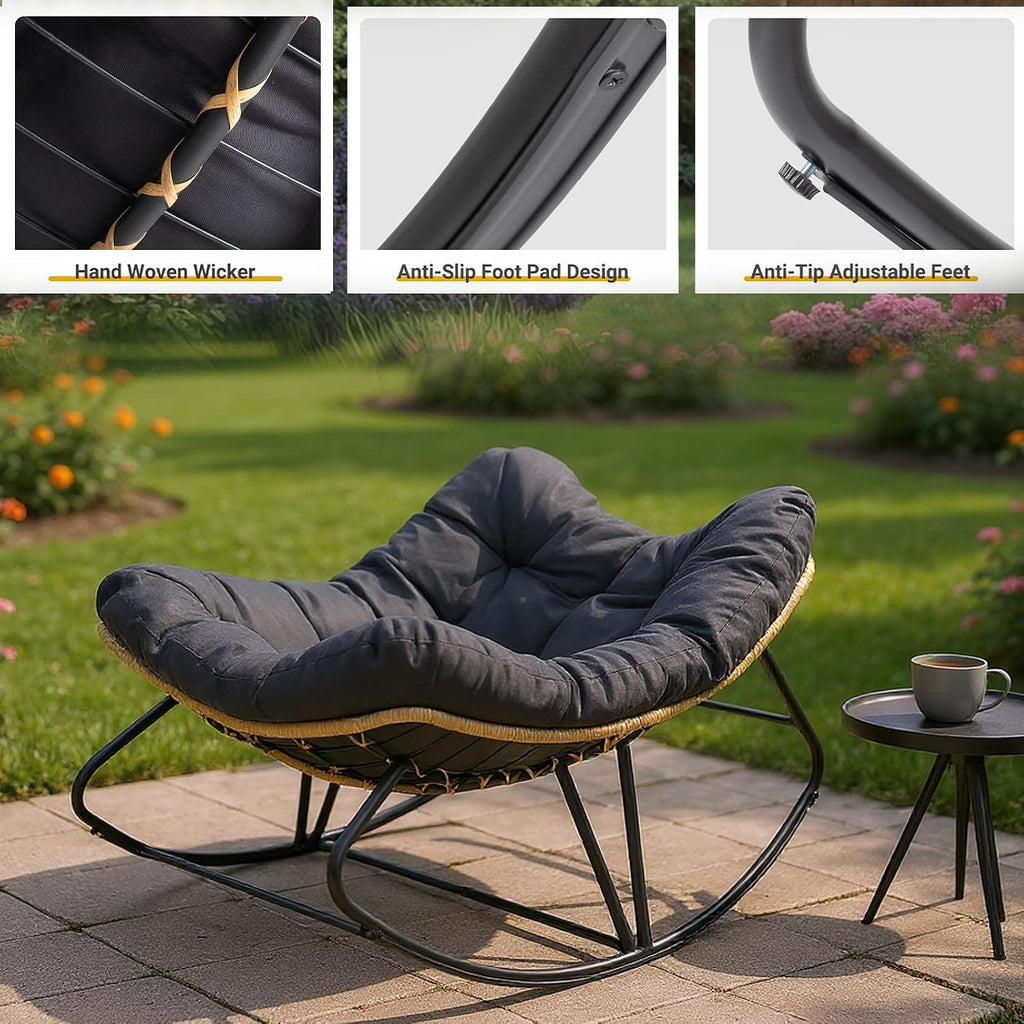 JOYBASE Outdoor Indoor Papasan Rocking Chair Set of 2, Oversized Papasan Rocker with Cushion, Patio Wicker Comfy Egg Chair for Backyard Bedroom Living Room Lounge Reading (Dark Grey)