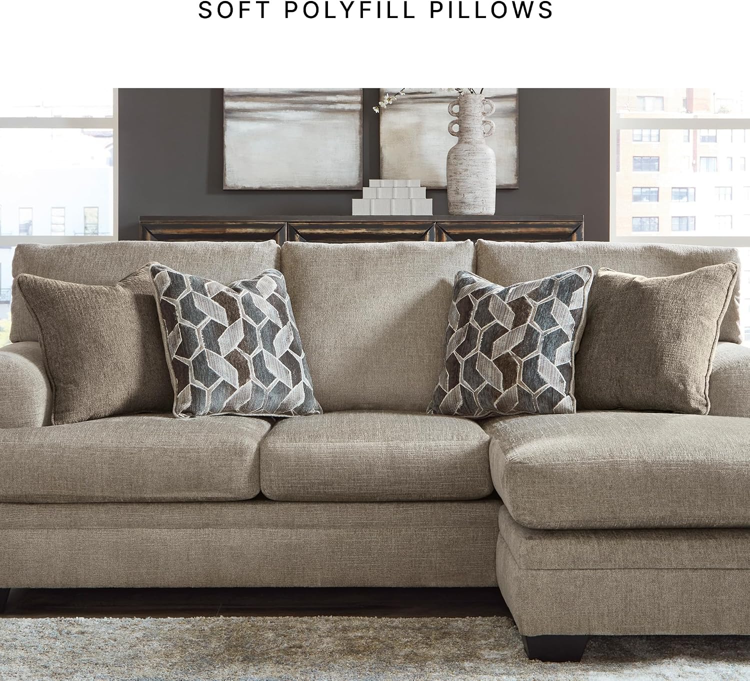 Signature Design by Ashley Stonemeade Casual Right-Arm Facing Sofa Chaise with 4 Toss Pillows, Light Brown