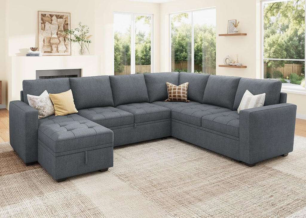 HONBAY Modular Sectional Couch with Pull Out Bed,Moduar Sleeper Sofa with Storage,U Shaped Sectional Couches for Living Room,Bluish Grey
