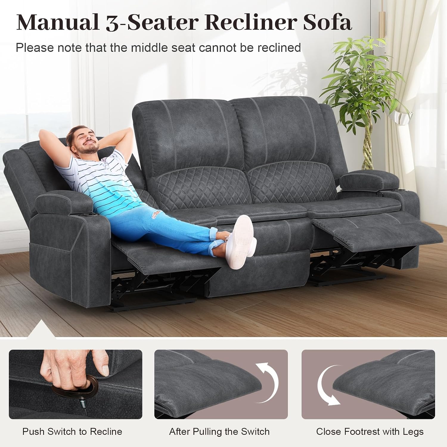 Yolsali 3-Seater Recliner Sofa, Manual Reclining Couch with Multi-Functional Middle Seat, Reclining Sofa for Living Room with Hidden Storage Space, Cup Holders, and Removable Console - Velvet Grey
