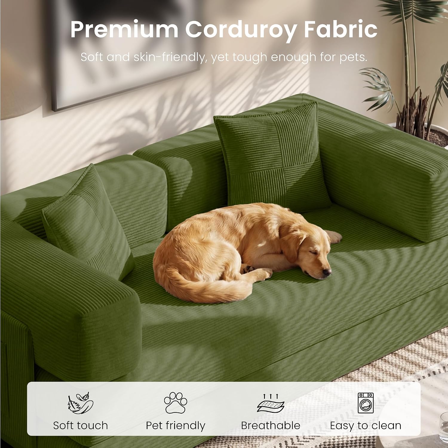 Convertible Floor Sofa Bed | 59'' Folding Futon Sofa with Storage Pocket, Oversized Corduroy Loveseat Sleeper Sofa with Pull Out Bed, Modular Sectional Sofa for Apartment | Green