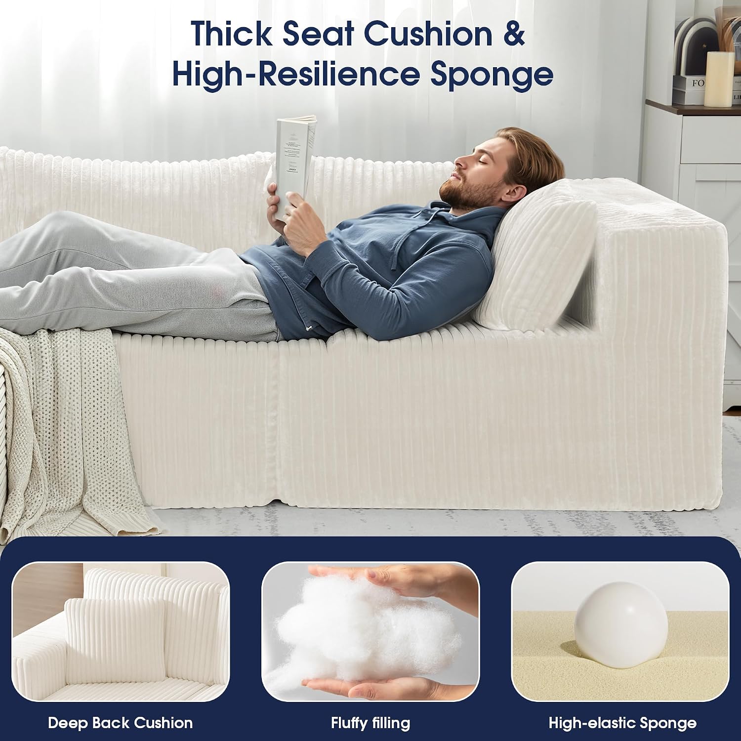 KINGYES 107'' Modular Sectional Sofa, L Shaped Cloud Couch for Living Room, Modern Boneless Sofa with Chaise for Bedroom, Beige
